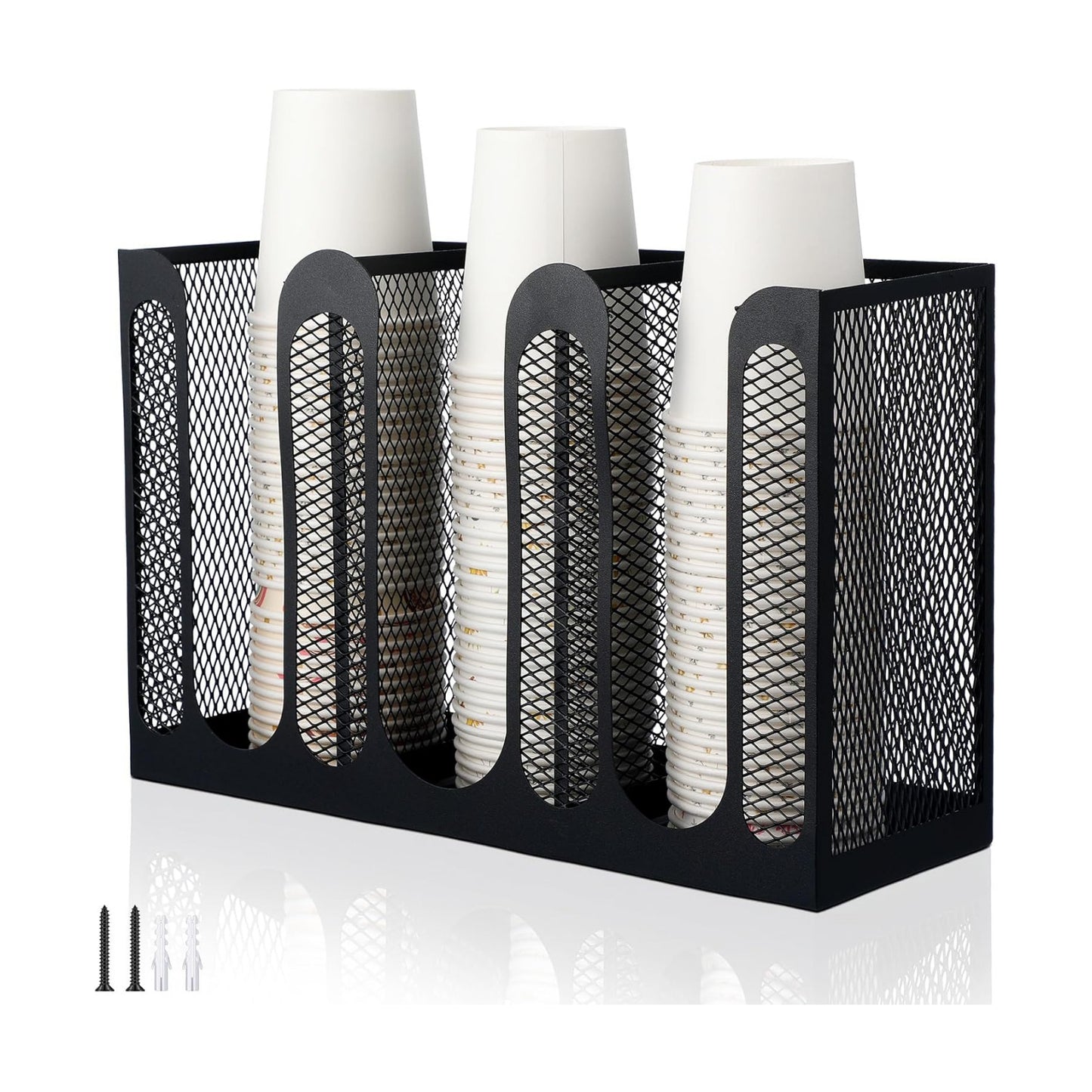 Metal Mesh Cup Lid Holder, 3 Compartments, 12.3 x 4.1 x 7.87 Inch | Metal Mesh Dispenser for Coffee Bar Breakroom, Wall
