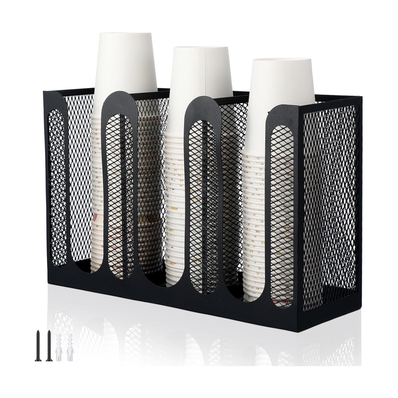 Metal Mesh Cup Lid Holder, 3 Compartments, 12.3 x 4.1 x 7.87 Inch | Metal Mesh Dispenser for Coffee Bar Breakroom, Wall