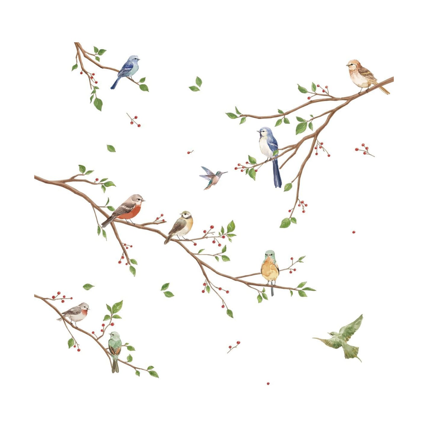 Bird on Tree Branch Wall Decals Watercolor Birds Flower Wall Stickers Bedroom Living Room Office