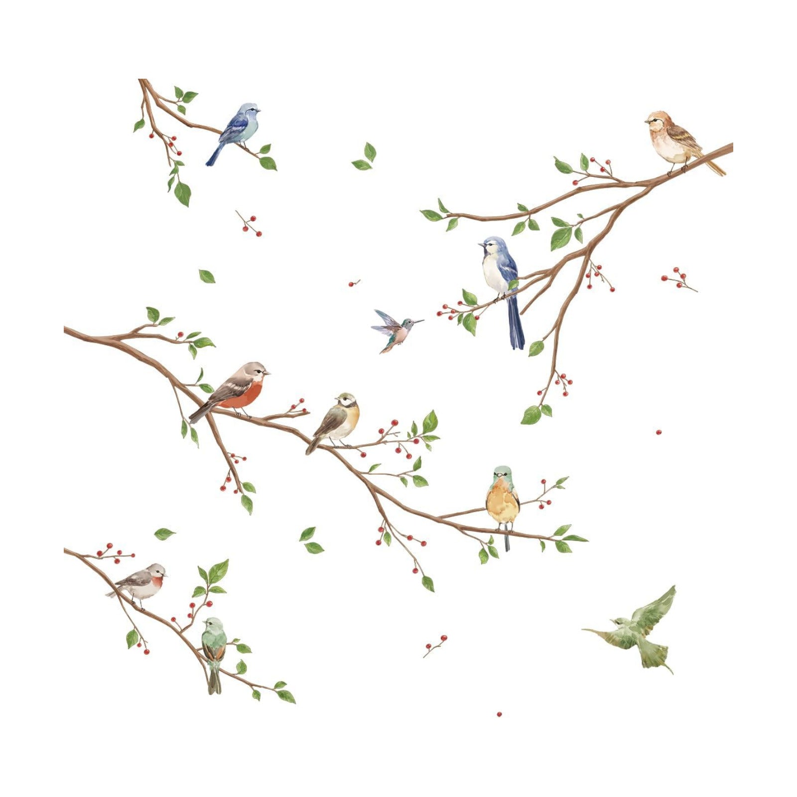 Bird on Tree Branch Wall Decals Watercolor Birds Flower Wall Stickers Bedroom Living Room Office
