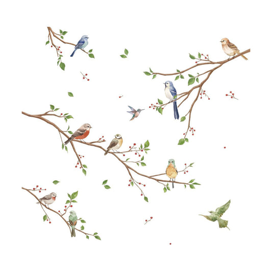 Bird on Tree Branch Wall Decals Watercolor Birds Flower Wall Stickers Bedroom Living Room Office