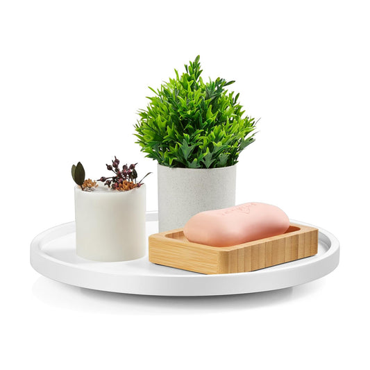 10" Wood Lazy Susan Turntable Organizer, Lazy Susan for Table Top Cabinet Dining Pantry Countertop Cupboard Organization, Decorative Tray for Kitchen Bathroom Decor Coffee Bar Accessories, White