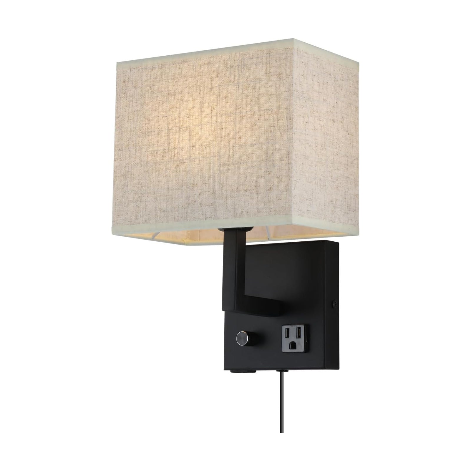 Bedside Wall Mount Light with Outlet and Dimmable Switch, Black Fabric Shade Wall Sconce Light with USB Port and Plug