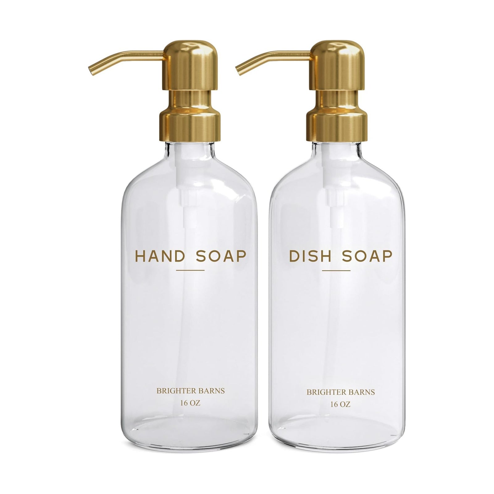 Luxury Glass Soap Dispenser Set by Brighter Barns - Hand and Dish Soap Dispenser for Kitchen Sink - Refillable Glass
