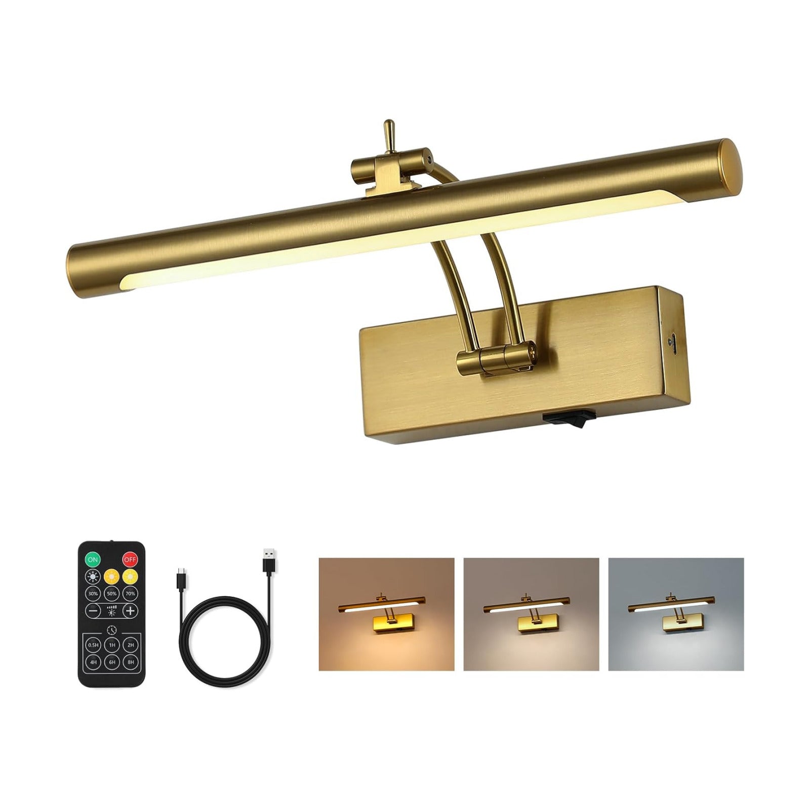 Battery Operated Picture Light with Remote,Wireless Gallery Lights Brass 12in Rechargeable Display Light with Flexible