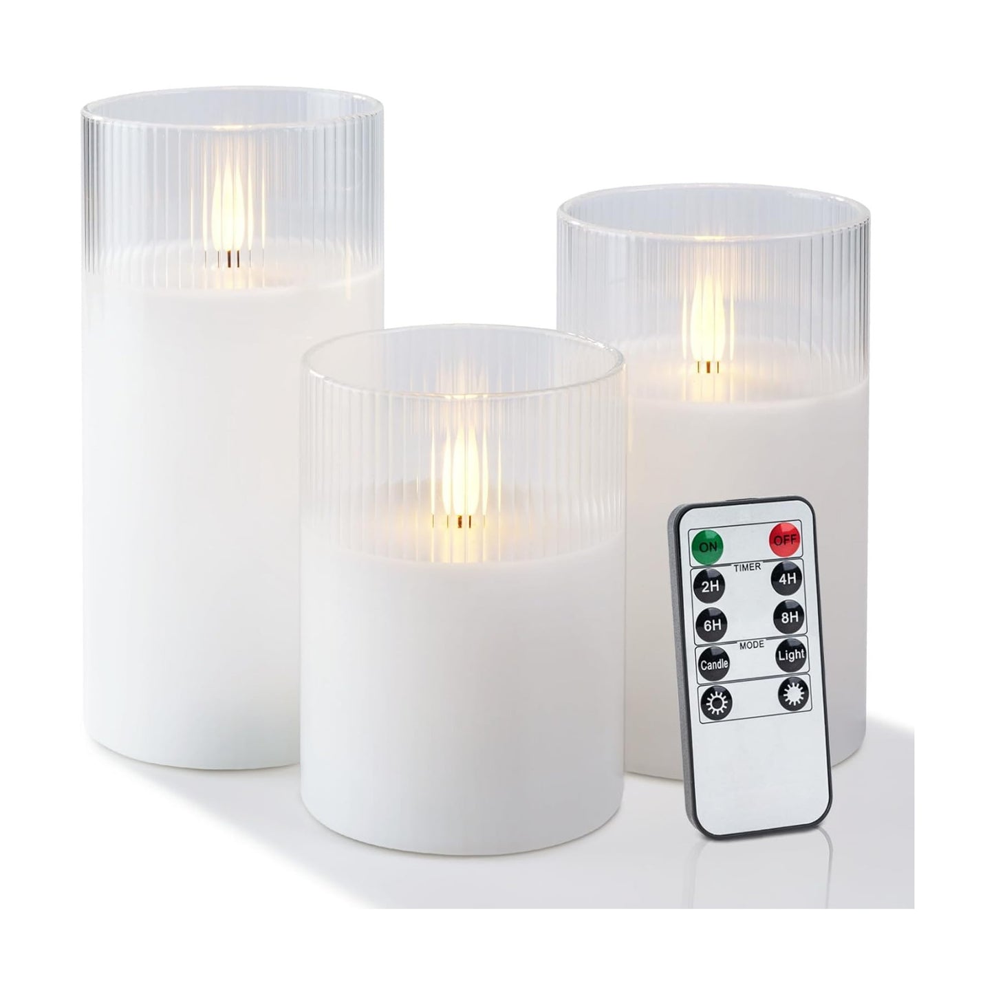 Amagic White Ribbed Glass Flameless LED Pillar Candles with Remote Timer | Real Wax Battery Operated Electric Candle
