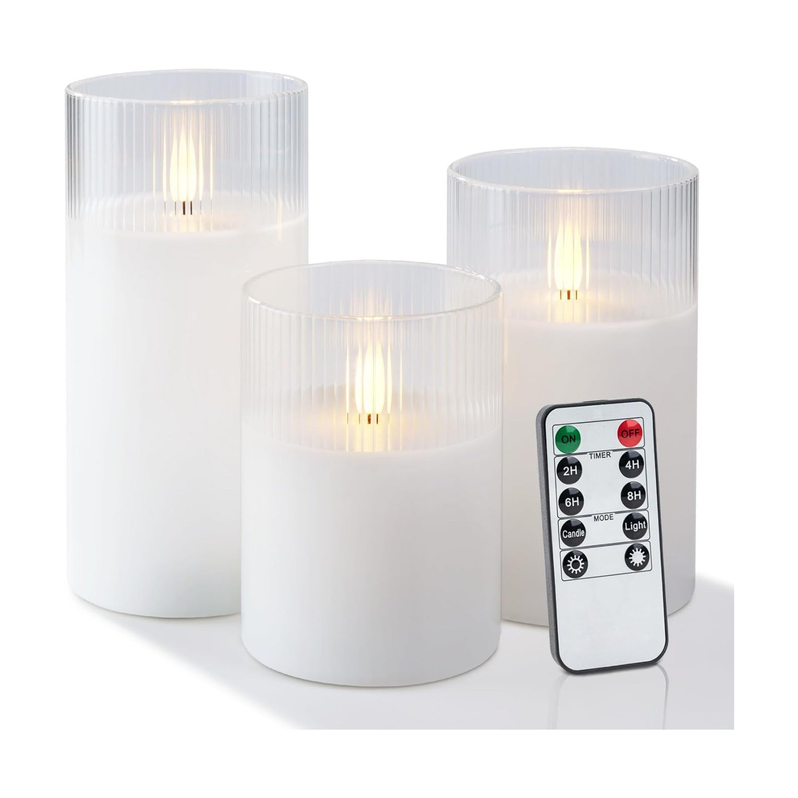 Amagic White Ribbed Glass Flameless LED Pillar Candles with Remote Timer | Real Wax Battery Operated Electric Candle