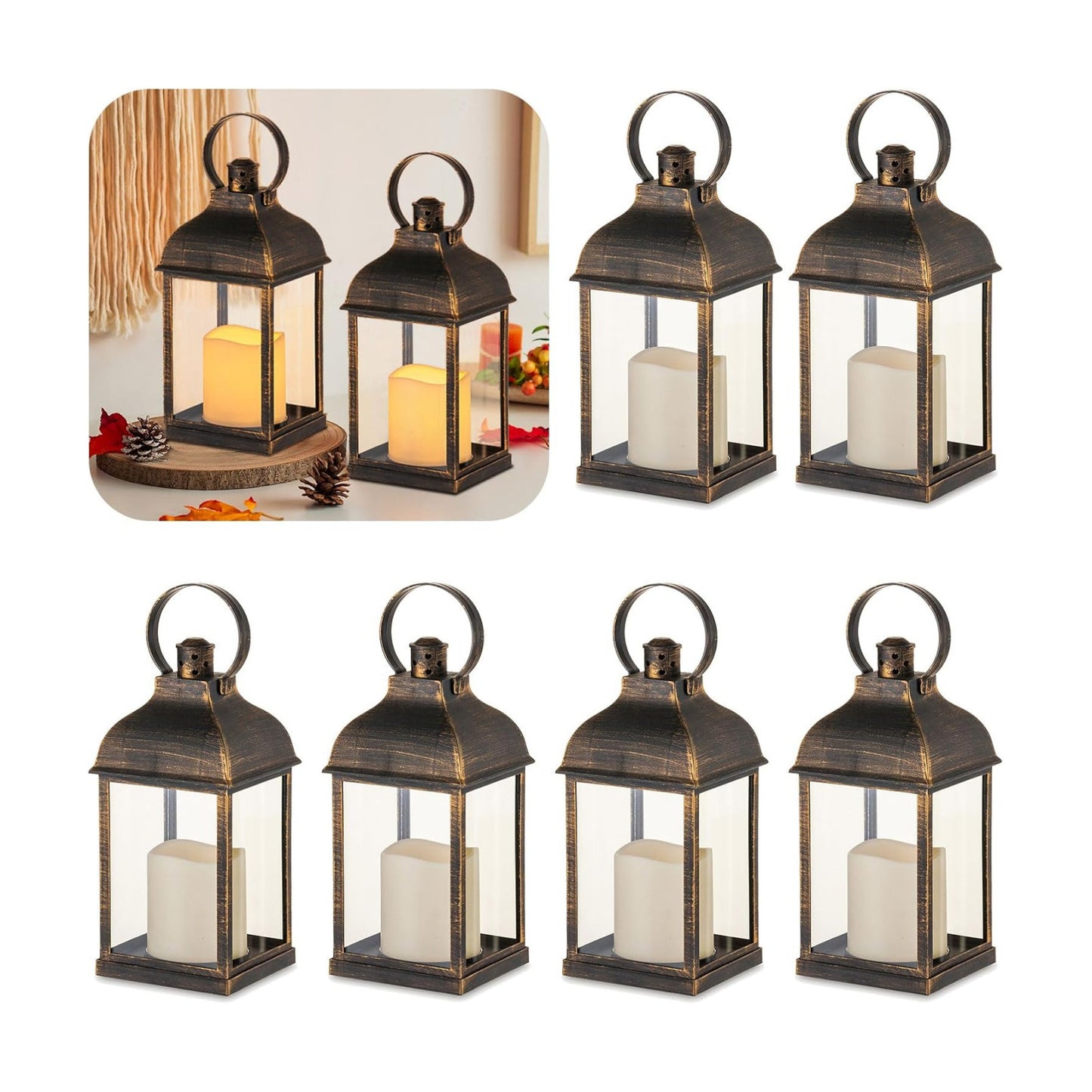 Bronze Small Lanterns with LED Candles, Set of 6 Wedding Decor | Antique Bronze Rustic Lanterns with Glass Panels