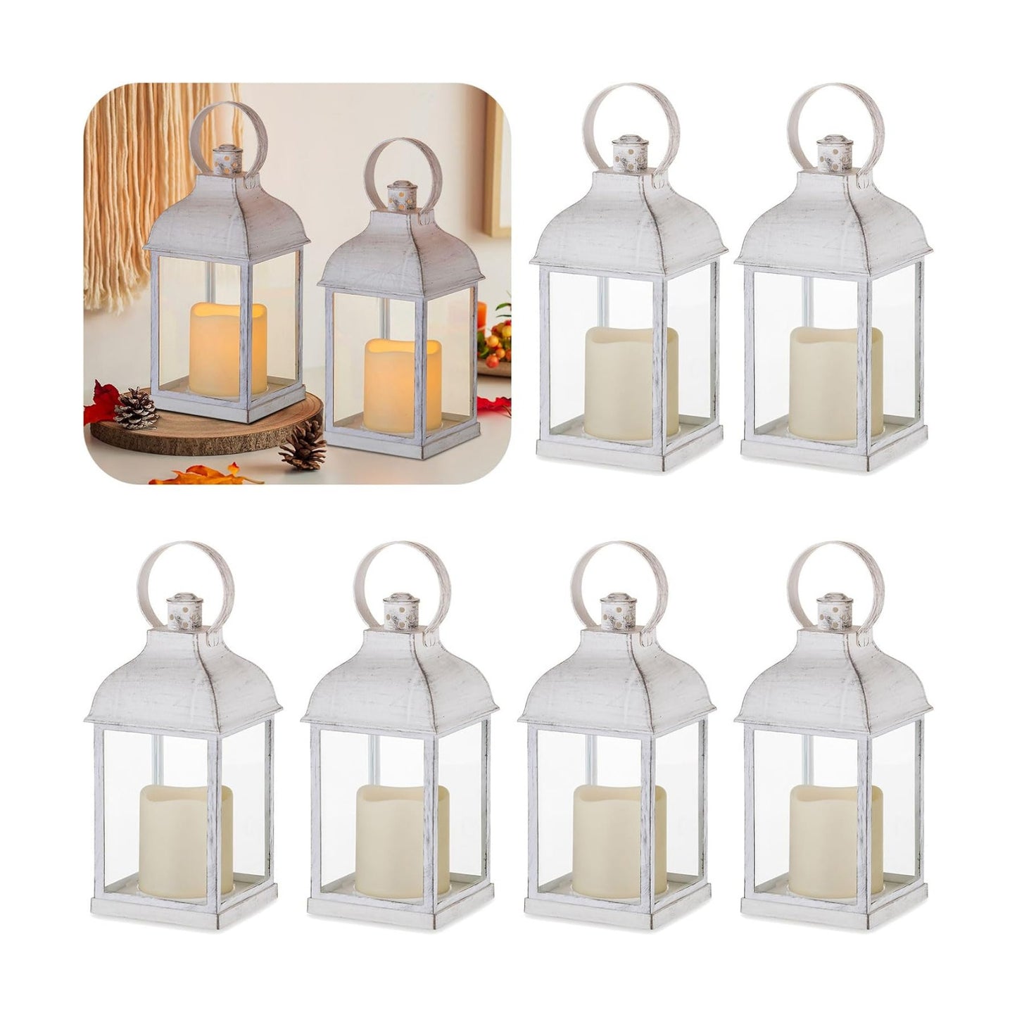 White Small Lanterns with LED Candles, Set of 6 Wedding Decor | Distressed Farmhouse Lanterns with Glass Panels