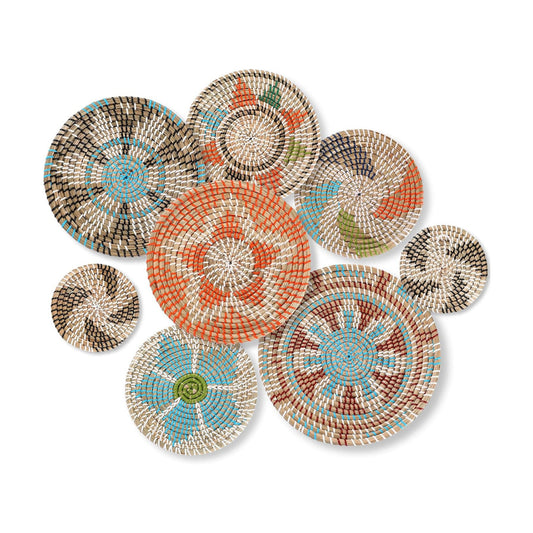 Boho Wall Basket Decor Decorative Hanging Woven Basket Art Round Farmhouse / Colorful / Set of 8