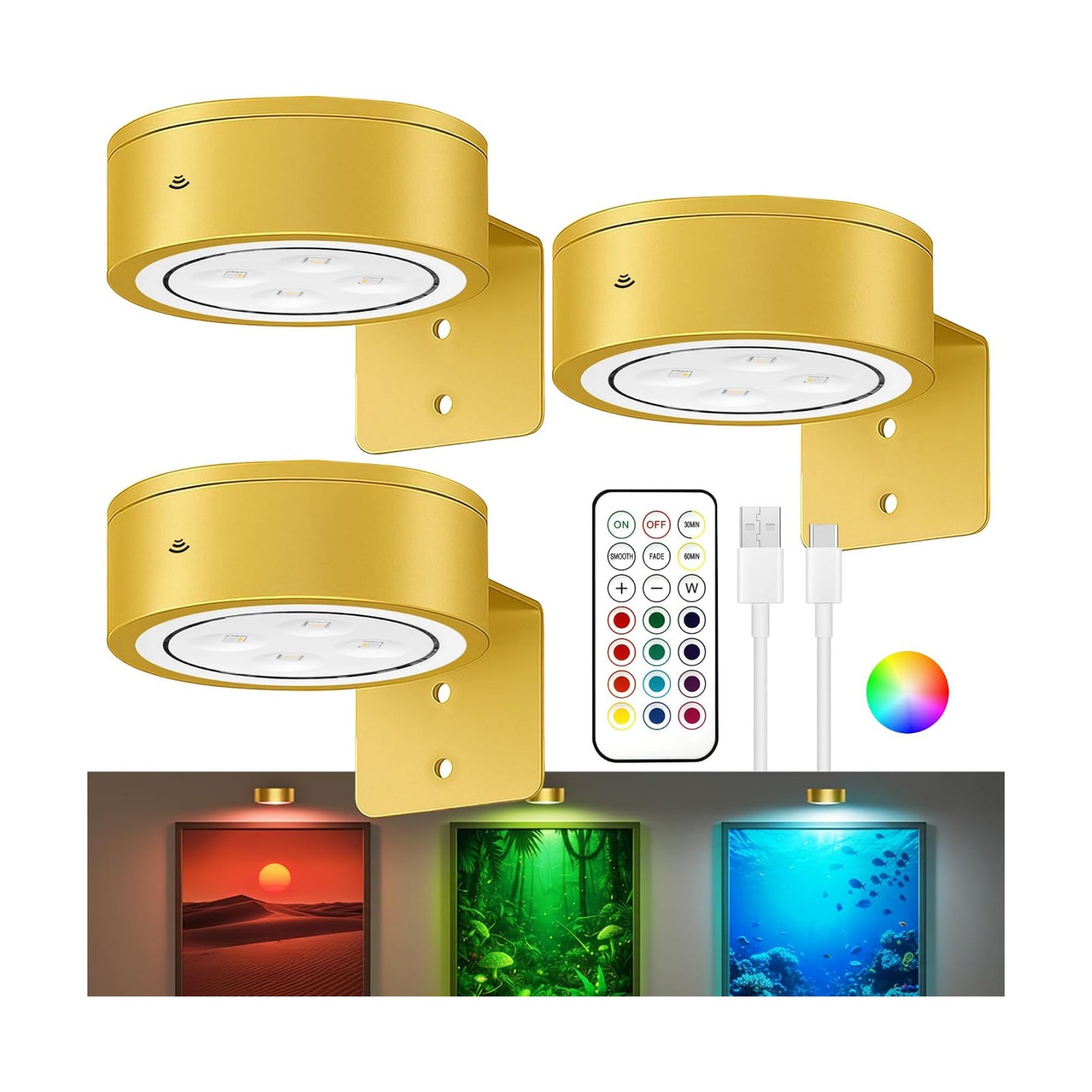 Picture Lights for Wall, Rechargeable Battery Wireless Poster Lights, Gold | LED Magnetic Painting Light with Remote