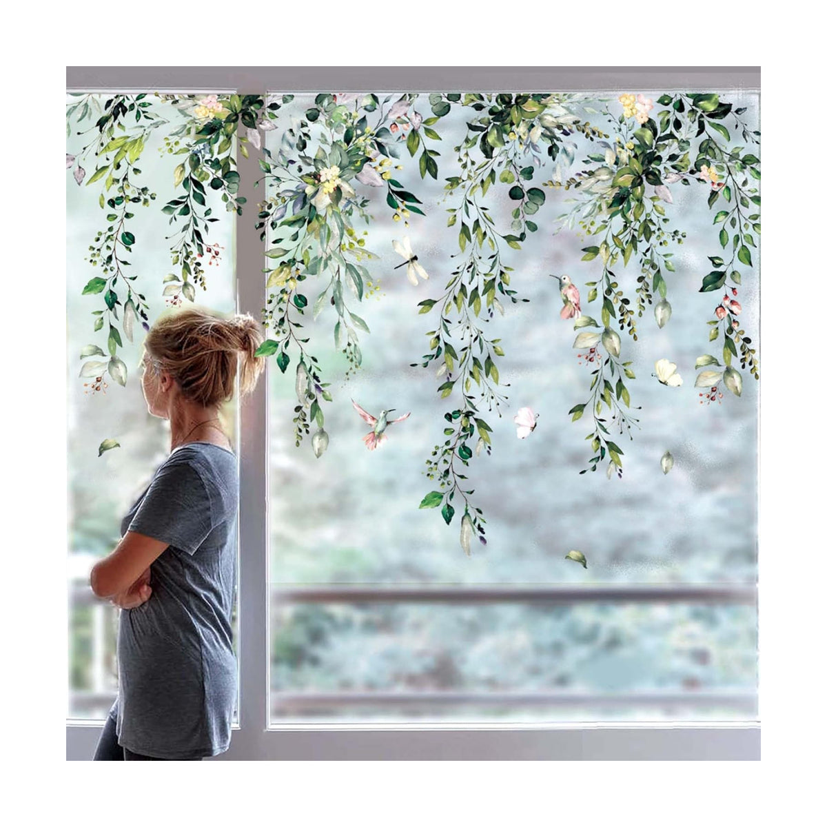 Whaline 9 Sheets Summer Flower Window Cling, Hanging Vine Floral Leaves