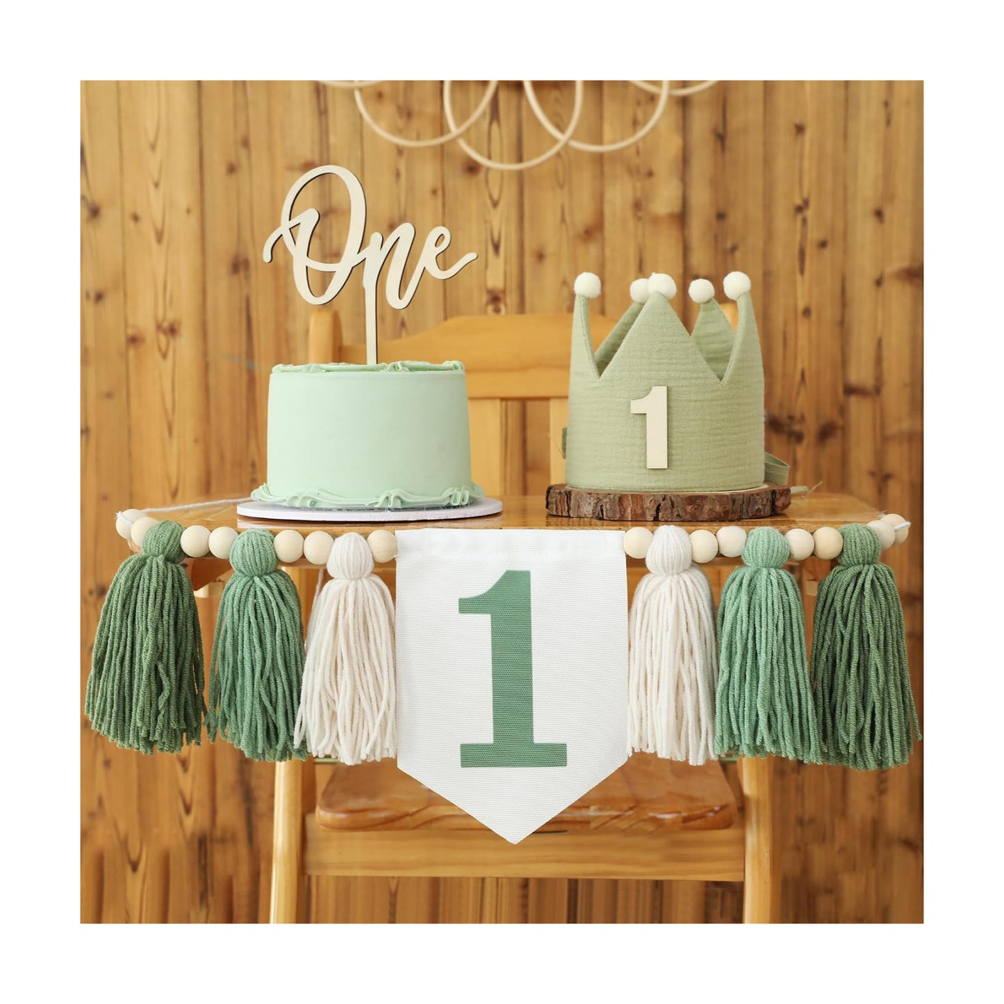 Wood Bead Tassel Garland Crown Hat Wooden Cake / Green
