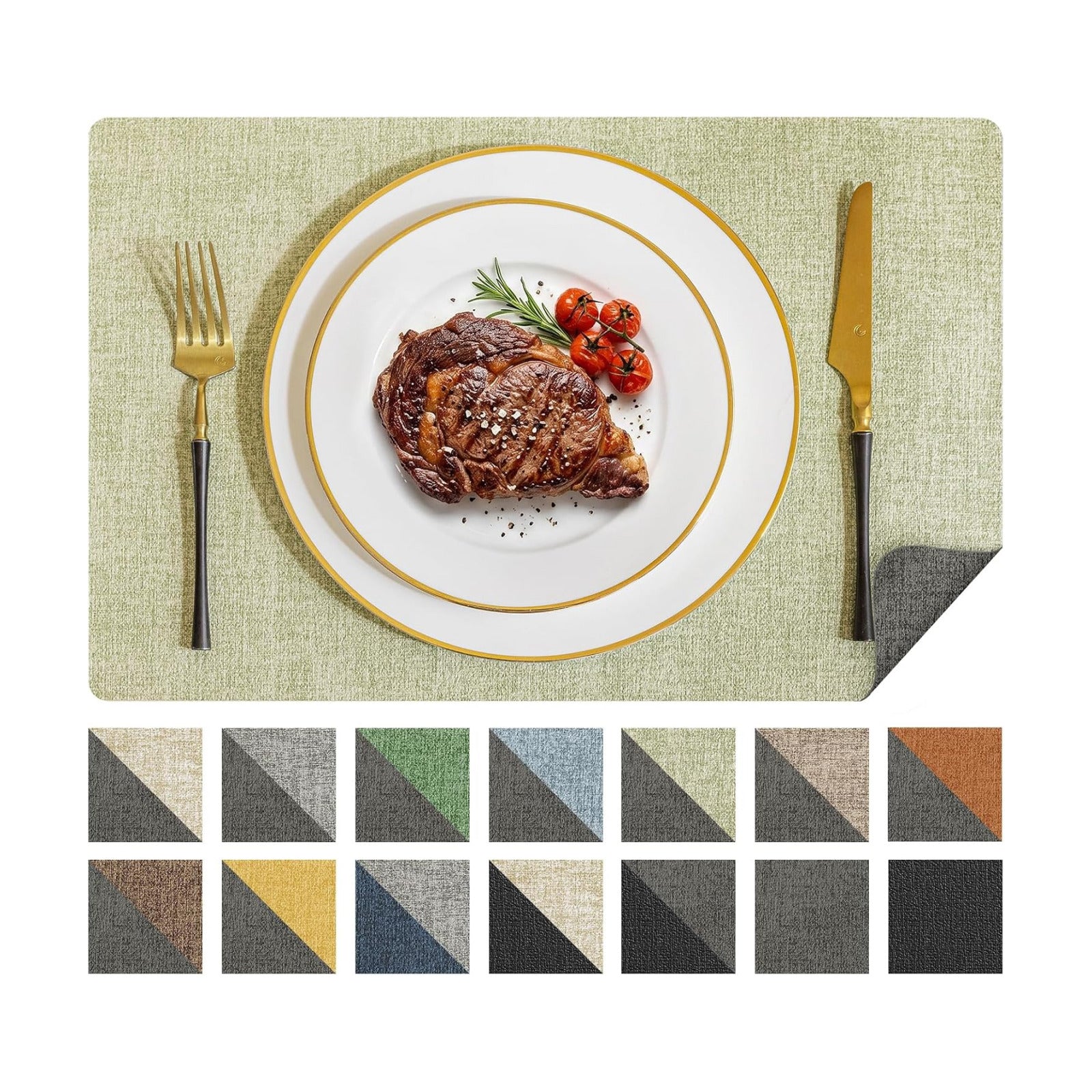 Romanstile Reversible Vinyl Placemats Set of 8, Faux Leather 100% Waterproof Oil-Proof Wipeable Place Mats, Heat