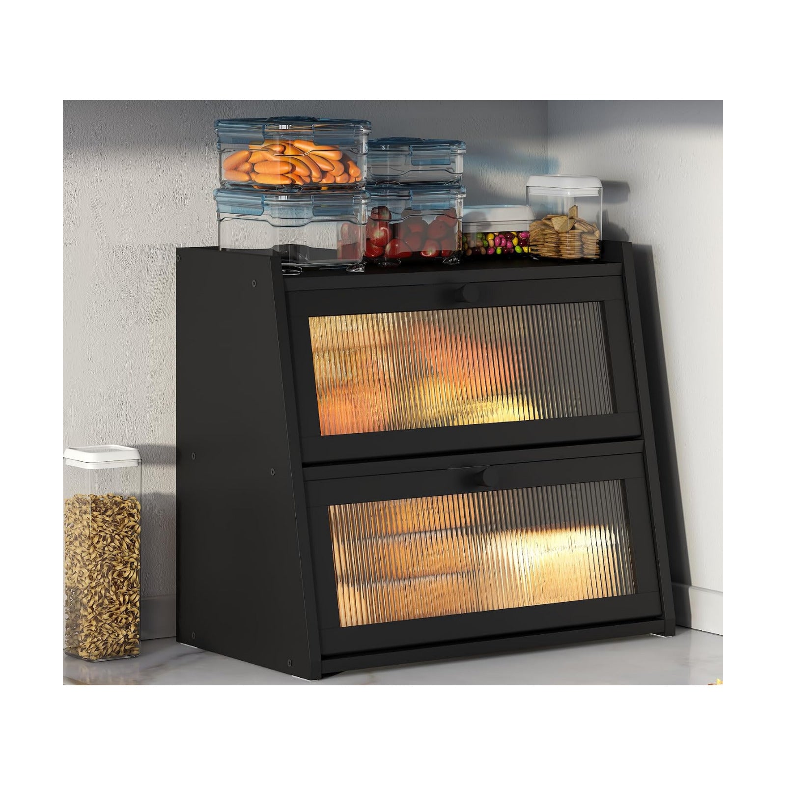 viewcare Black Bread Box, Double Layer Large Bread Box for Kitchen Counter, Bamboo Bread Storage Container with Wavy