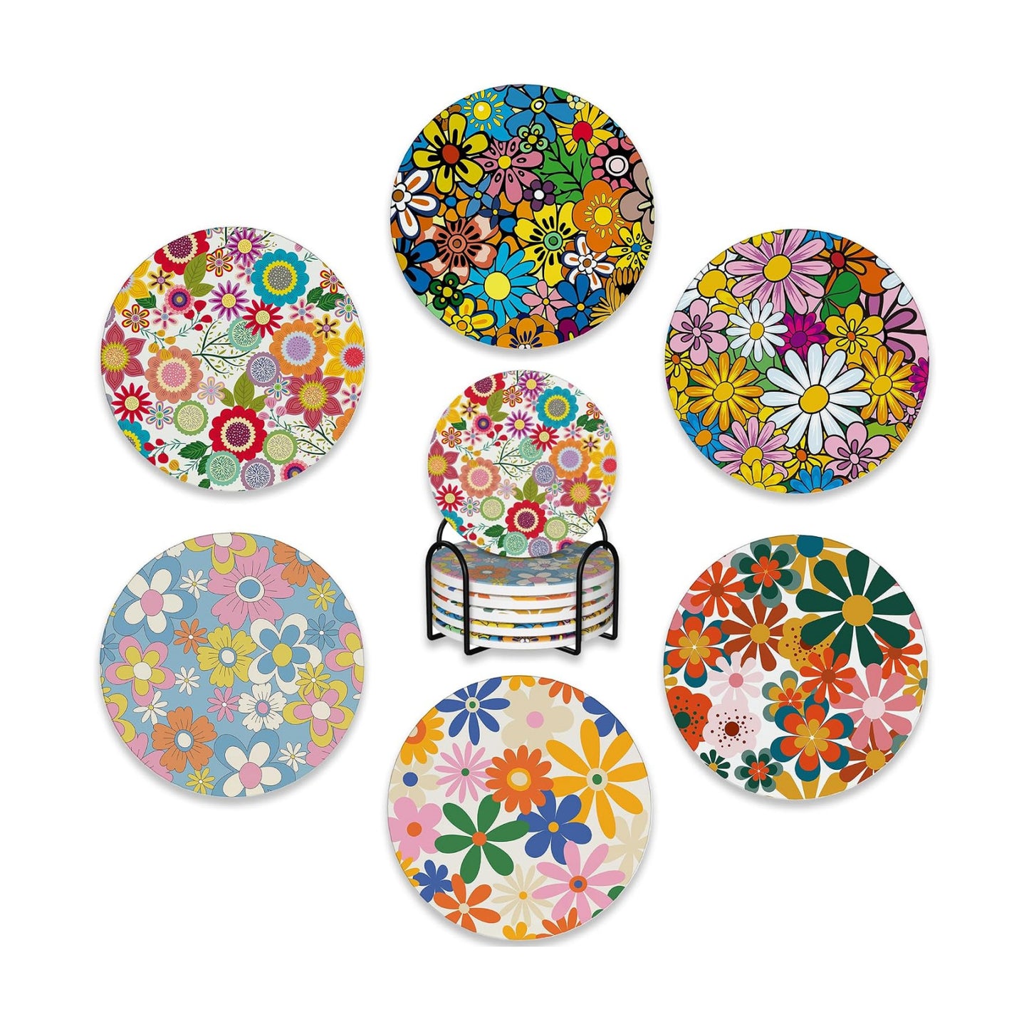 Holder / Coasters for Drinks / Retro Colorful Daisy Flowers 70s Hippie Floral / Set of 6