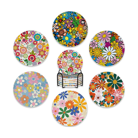 Holder / Coasters for Drinks / Retro Colorful Daisy Flowers 70s Hippie Floral / Set of 6