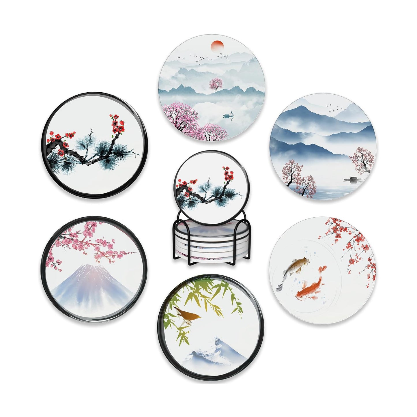 Holder / Absorbent Ceramic Coasters / Japanese Cherry Blossom and Fujiyama Mountain / Set of 6