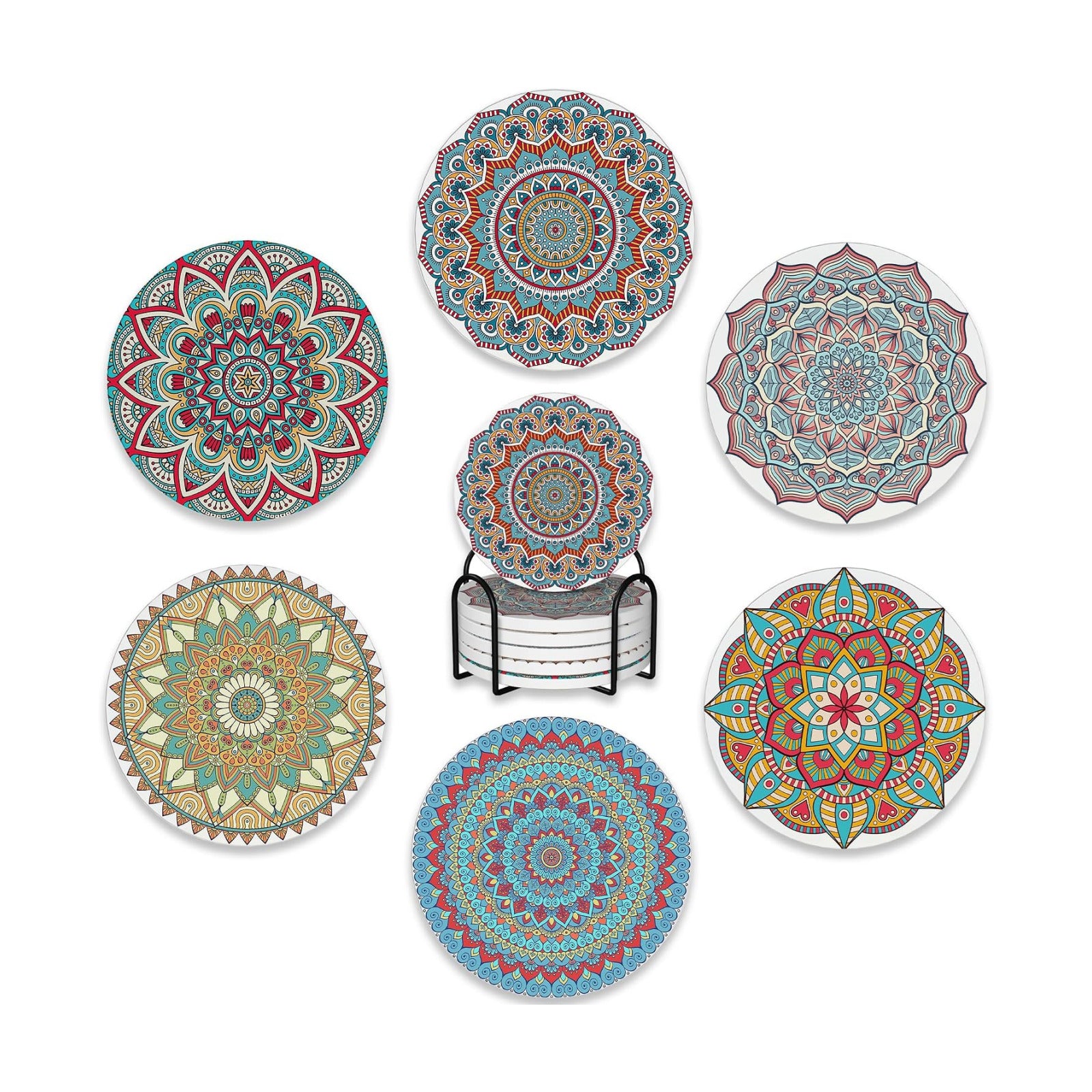 Holder / Absorbent Ceramic Coasters / Mandala Boho Flower / Set of 6