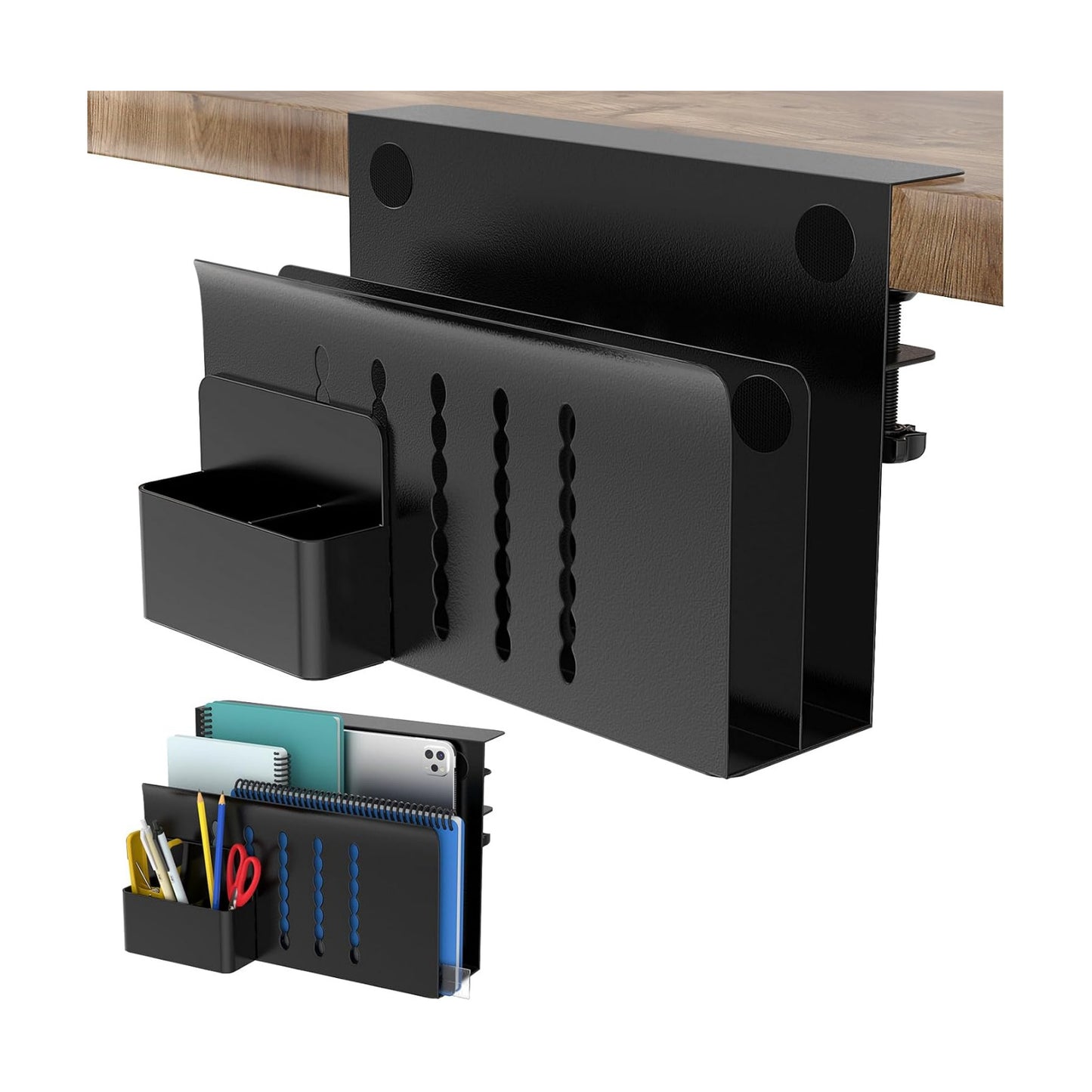 HAMOPY Desk Side Storage, 2 Tier Steel Hanging Desk Organizer with Magnetic Pen Holder, No Drilling Standing Desk