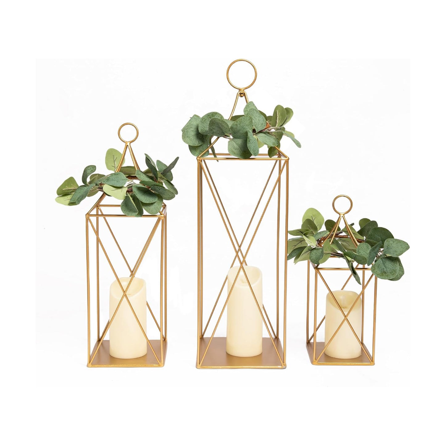 HPC Decor Tall Metal Lantern Decor Set of 3-24" 19" 13" Elegant Decorative Lanterns with Garlands-Modern Gold Candle