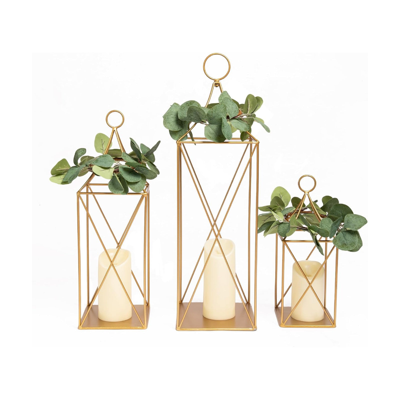 HPC Decor Tall Metal Lantern Decor Set of 3-24" 19" 13" Elegant Decorative Lanterns with Garlands-Modern Gold Candle