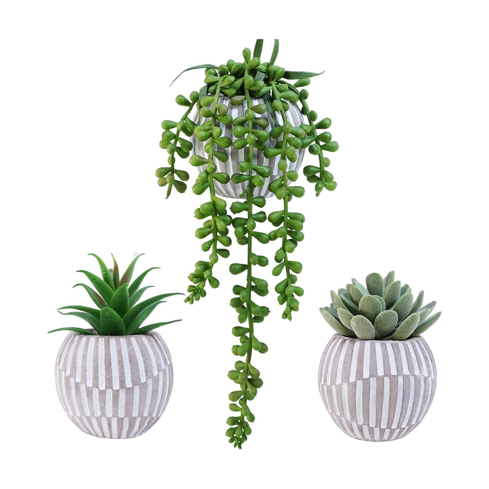 Artificial Succulent Plants in Geometric Concrete Pots Fake Aloe Echeveria String / Gray / Set of 3