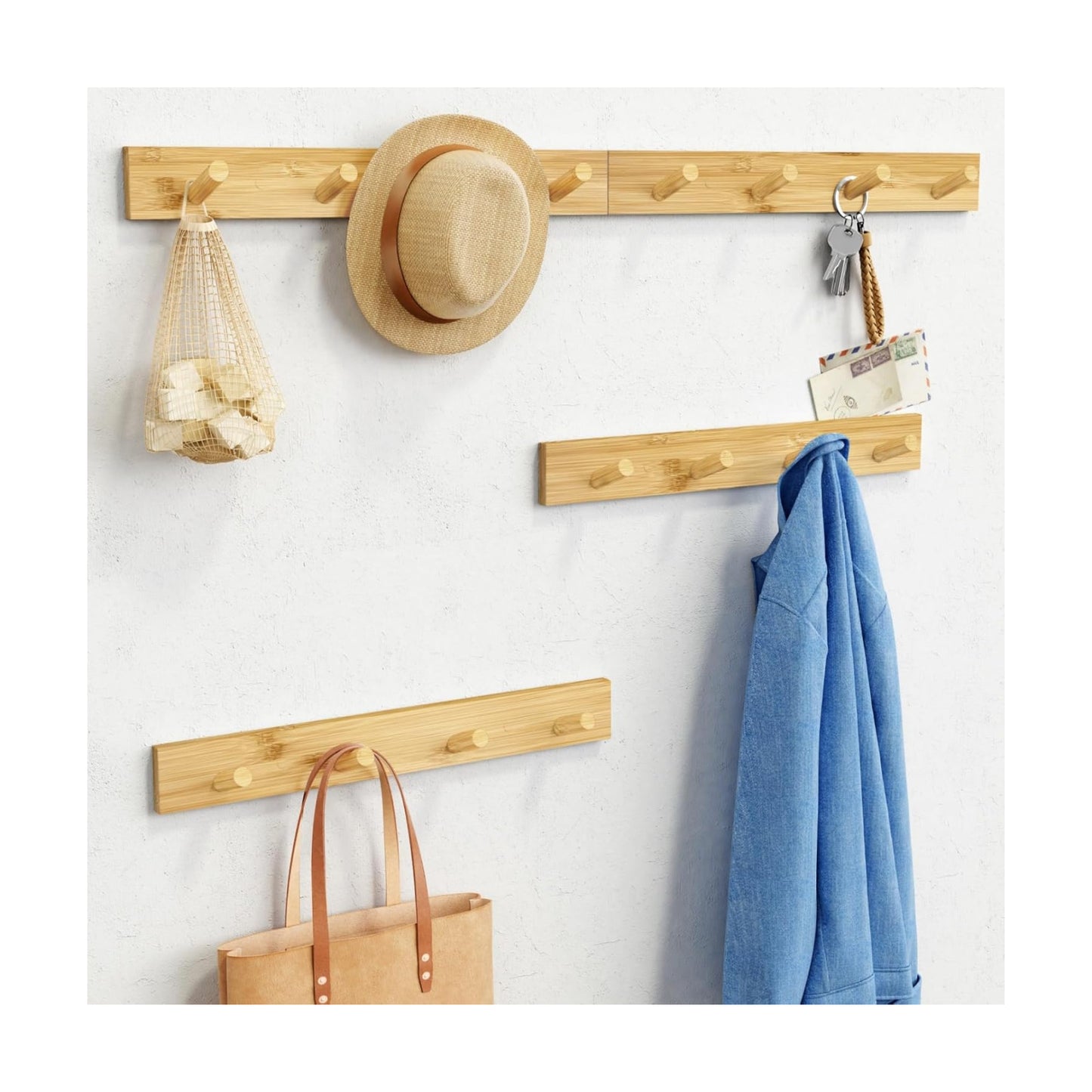 Forbena Natural Wood Coat Rack Wall Mount Set of 4, Wooden Wall Hooks for Bathroom Towels, Vertical Coat Hanger for
