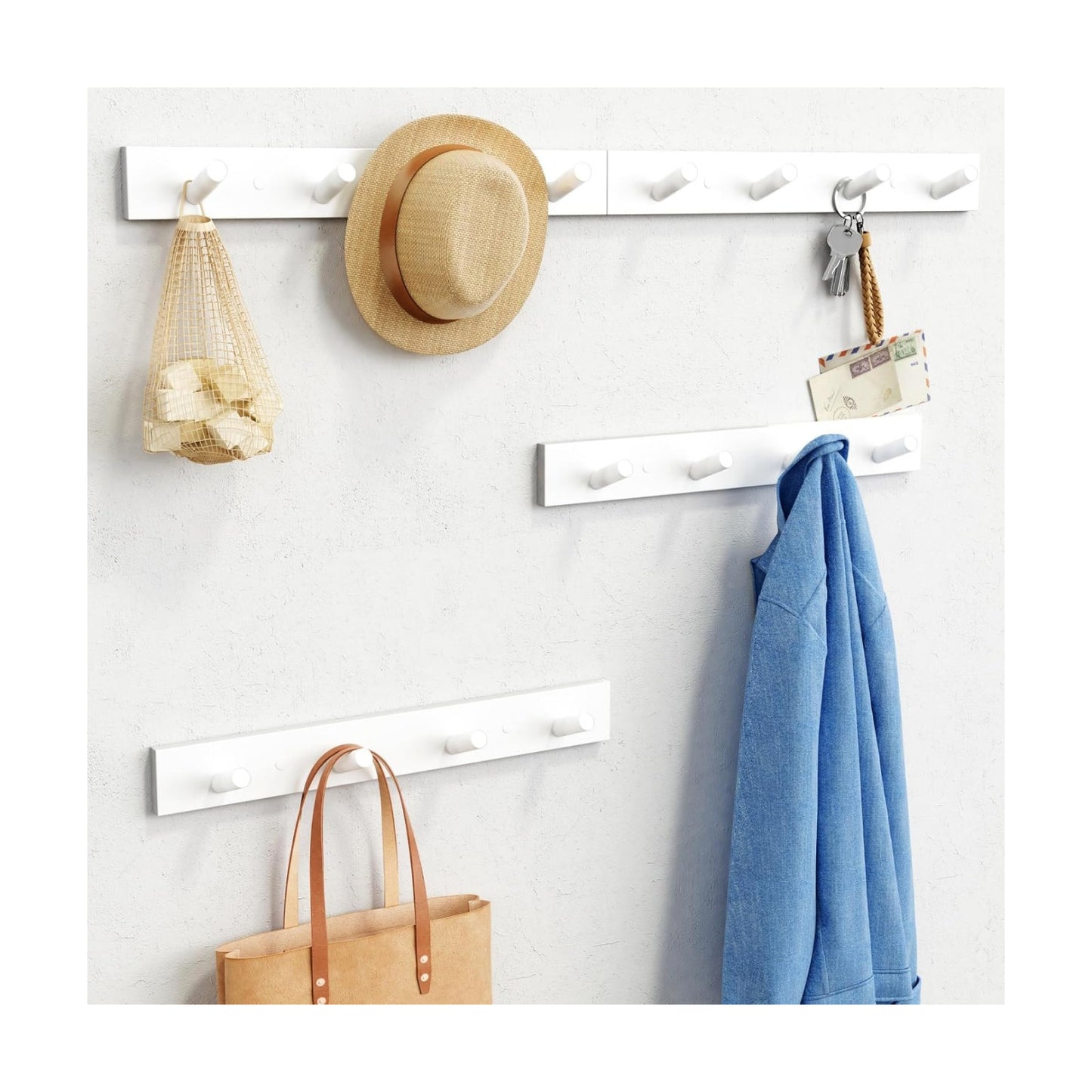 Wood Entryway Coat Rack Wall Mounted Heavy Duty / Bamboo White / 16 Inch / Set of 4