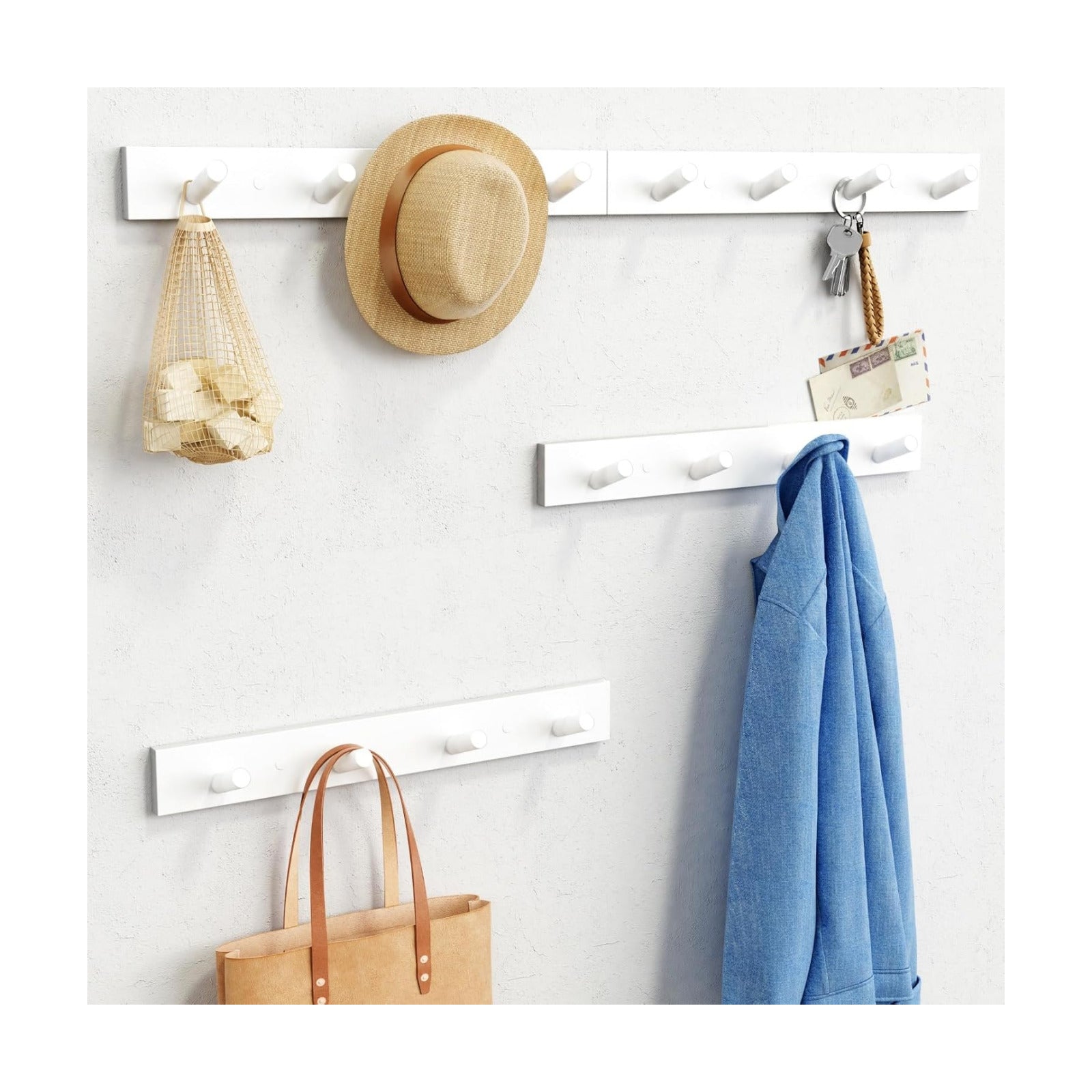 Wood Entryway Coat Rack Wall Mounted Heavy Duty / Bamboo White / 16 Inch / Set of 4