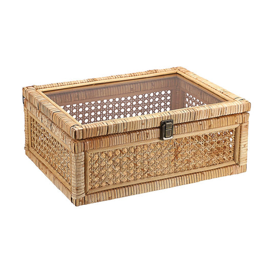 Clear Lid Rattan and Wood Display Boxes Handcrafted Shelf / 14 x 10 x 5.7 / Large / Natural Color