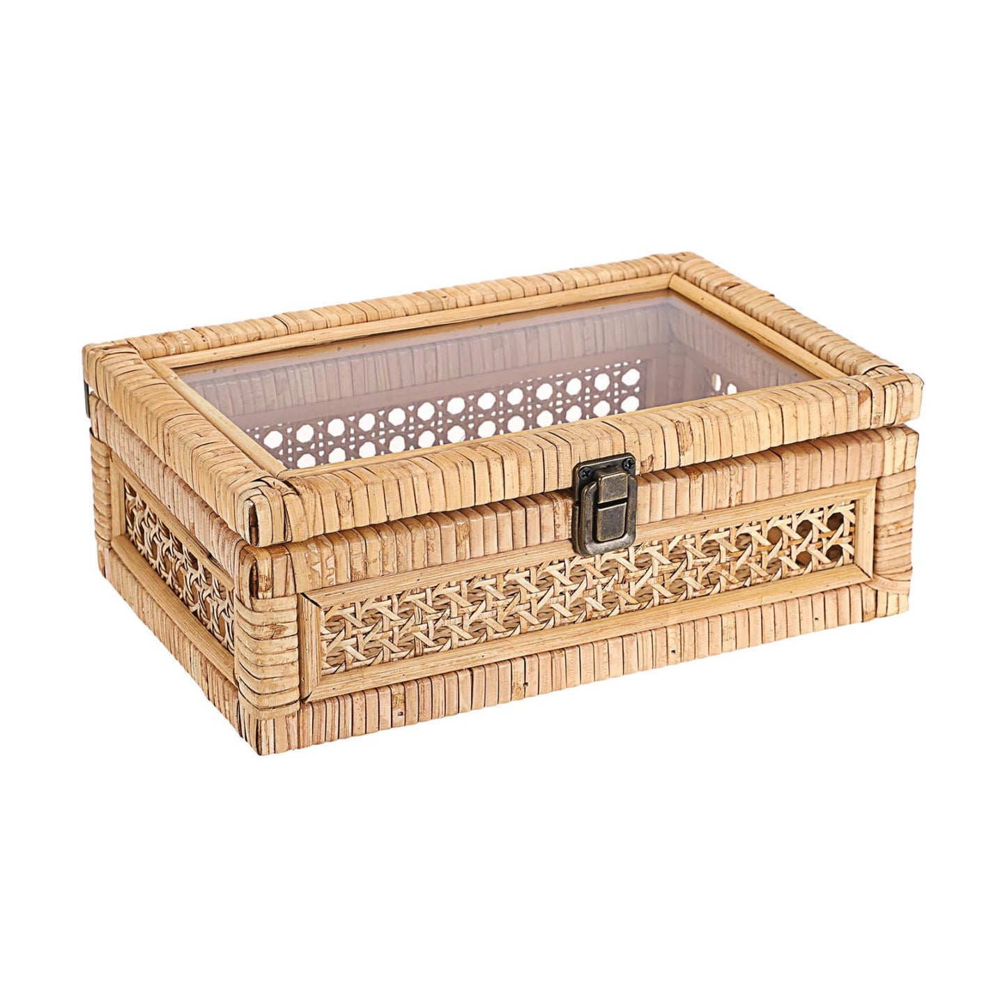 Clear Lid Rectangular Wicker Storage Basket Bin / 11 x 7.1 x 4 / Small / Natural Color