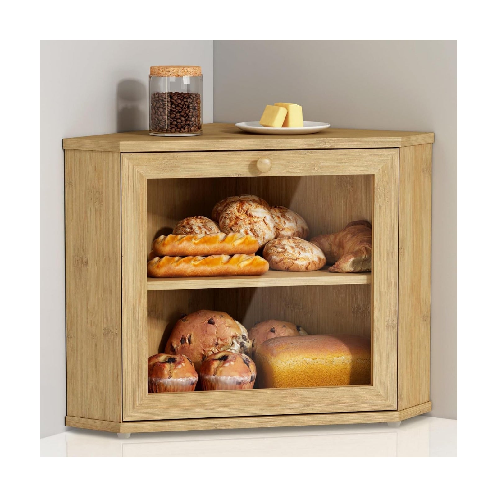 Goozii Bamboo Corner Bread Box for Kitchen Counter, 2 Tier Bread Keeper Wooden Round, Farmhouse Bread Storage Bin for