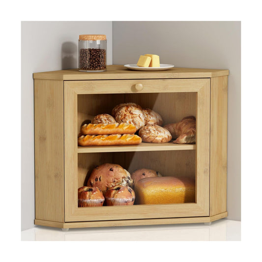 Goozii Bamboo Corner Bread Box for Kitchen Counter, 2 Tier Bread Keeper Wooden Round, Farmhouse Bread Storage Bin for