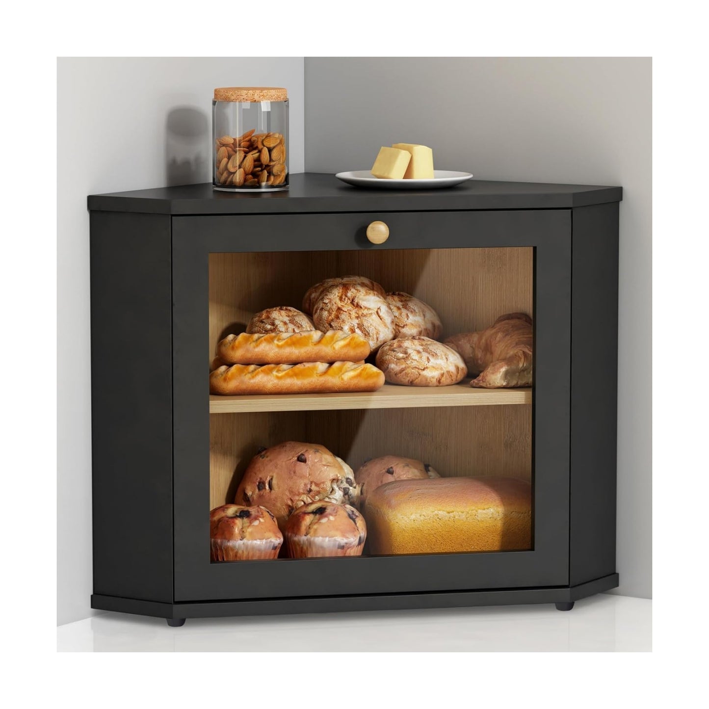 Goozii Corner Bread Box for Kitchen Countertop, Black Bread Storage Container for Homemade Bread, Two Layer Breadbox