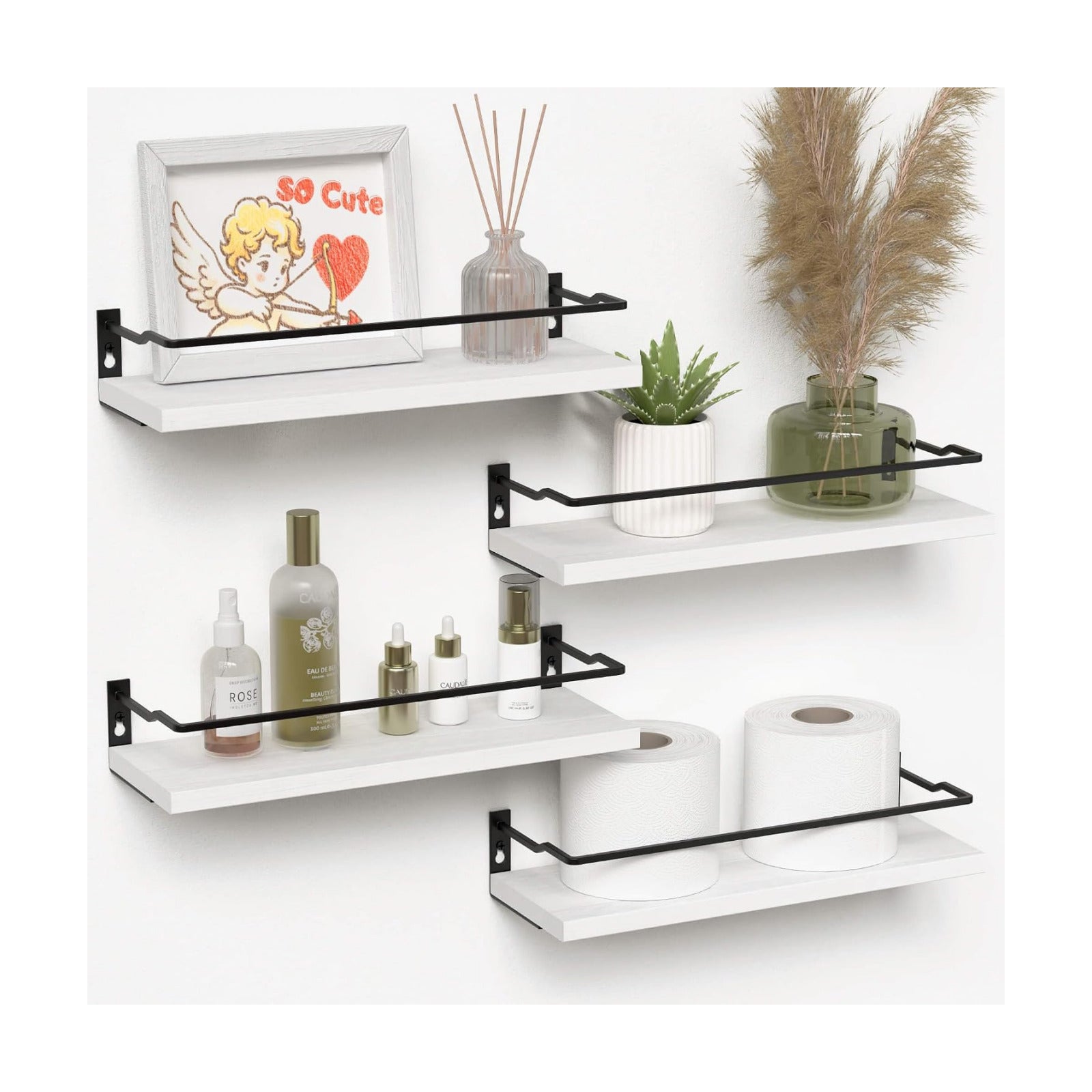 RICHER HOUSE White Bathroom Floating Wall Shelf Set of 4, Small Organizer Over Toilet Storage, Guard-Rail Kitchen
