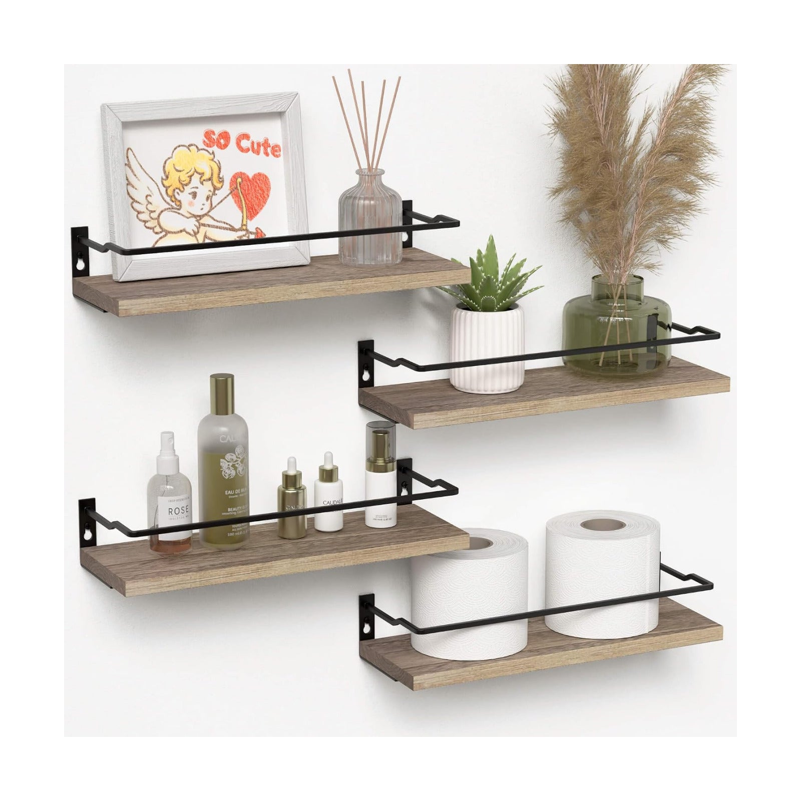 RICHER HOUSE 4-Piece Bathroom Paulownia Wood Shelves Set, Wall Mounted, Protected Guardrail, 20 lbs Weight Capacity