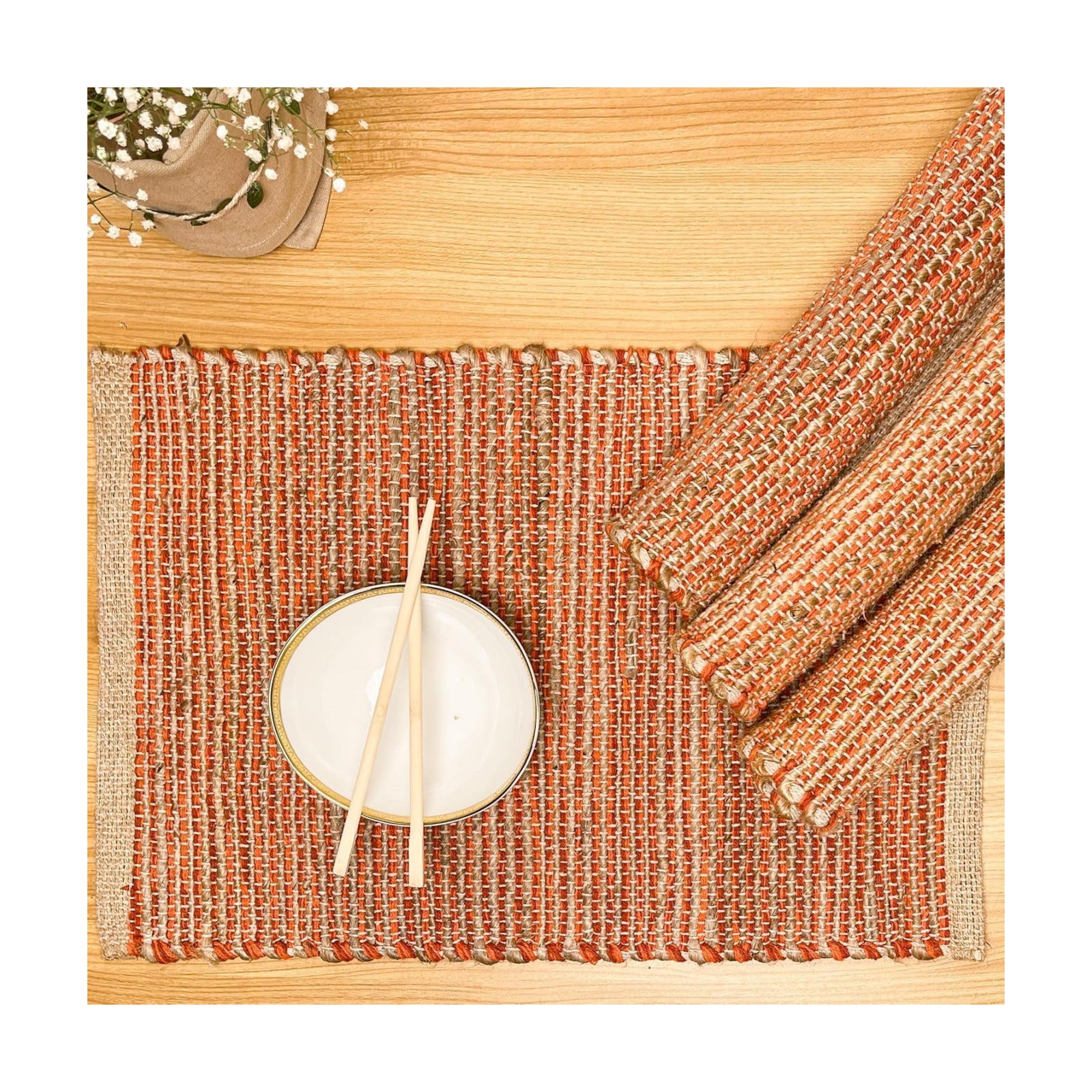Natural Jute & Rust Orange Placemats, Set of 4 – Rustic Handmade Boho Table Mats, 13x19 Inch Dining Table Placemats for