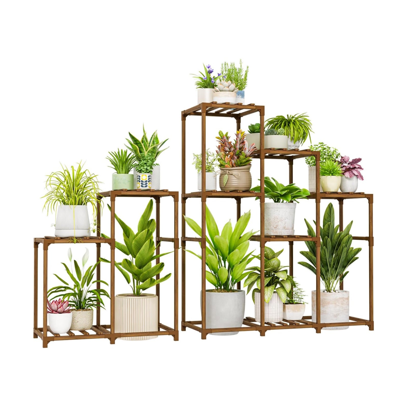 Bamworld 2 Sets Plant Stands Indoor Tall Shelves Outdoor for Multiple | Flowers 10 Pots Wooden Rack for Living Room