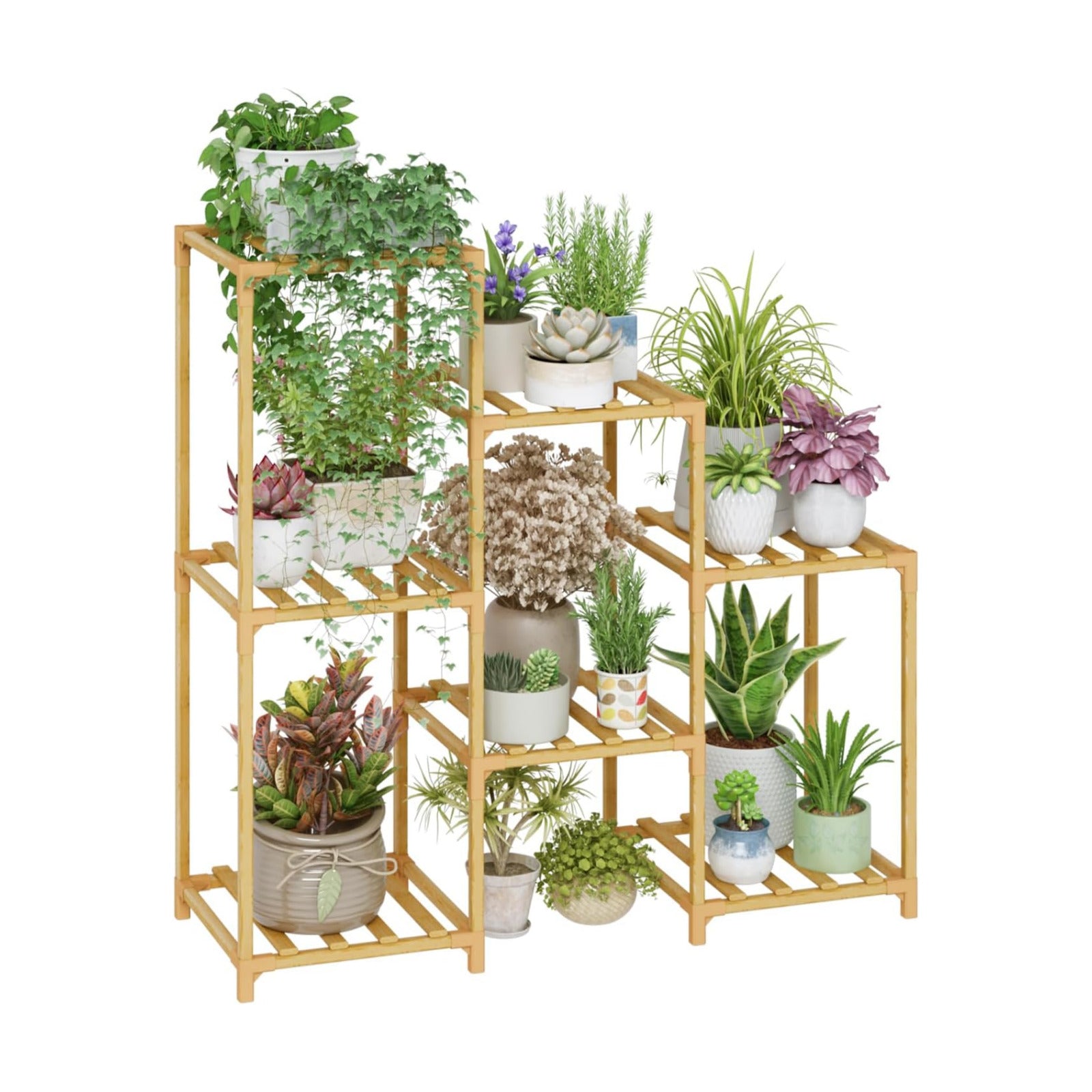 Bamworld Bamboo Plant Stand Indoor Boho Plant Shelf Tiered Plant Rack | for Multiple Plants 3 Tiers 7 Pots Ladder Plant