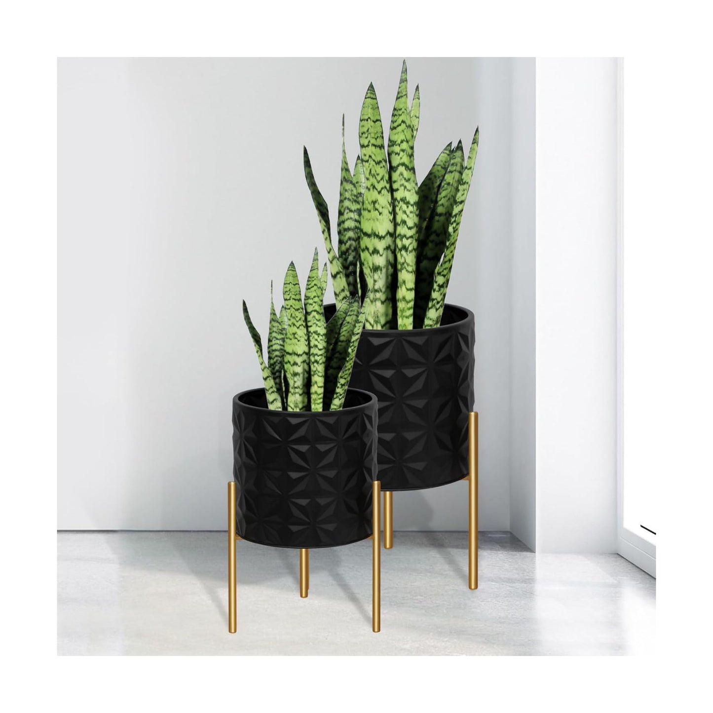 ARNIS Modern Planter Pots, Set of 2 Large Planters with Stand, Decorative Planters, Metal Pots with Drainage Holes for
