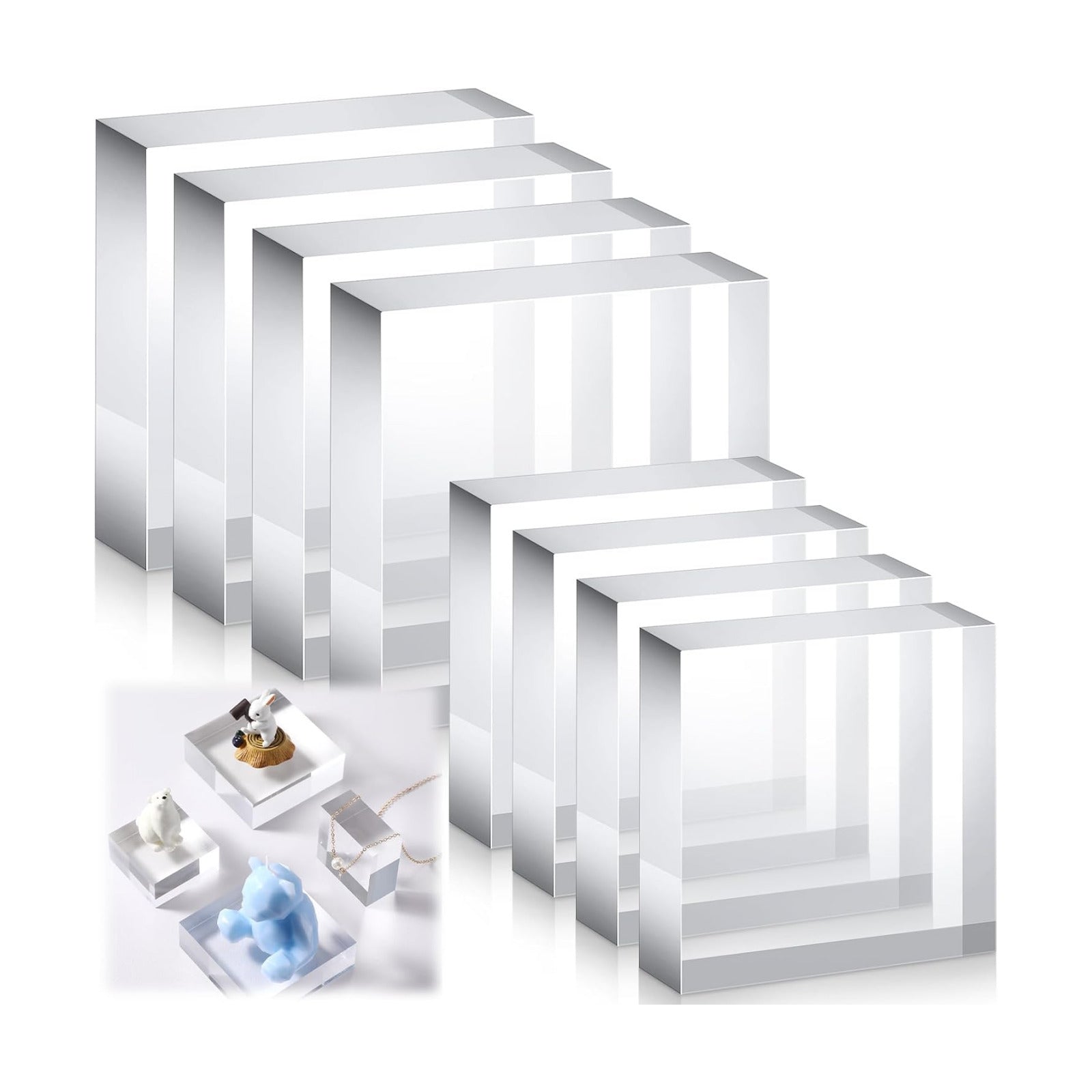 Acrylic Square Display Block Polished Cube Jewelry Stand Solid / 3 x 3 x 1 / Clear / Set of 8