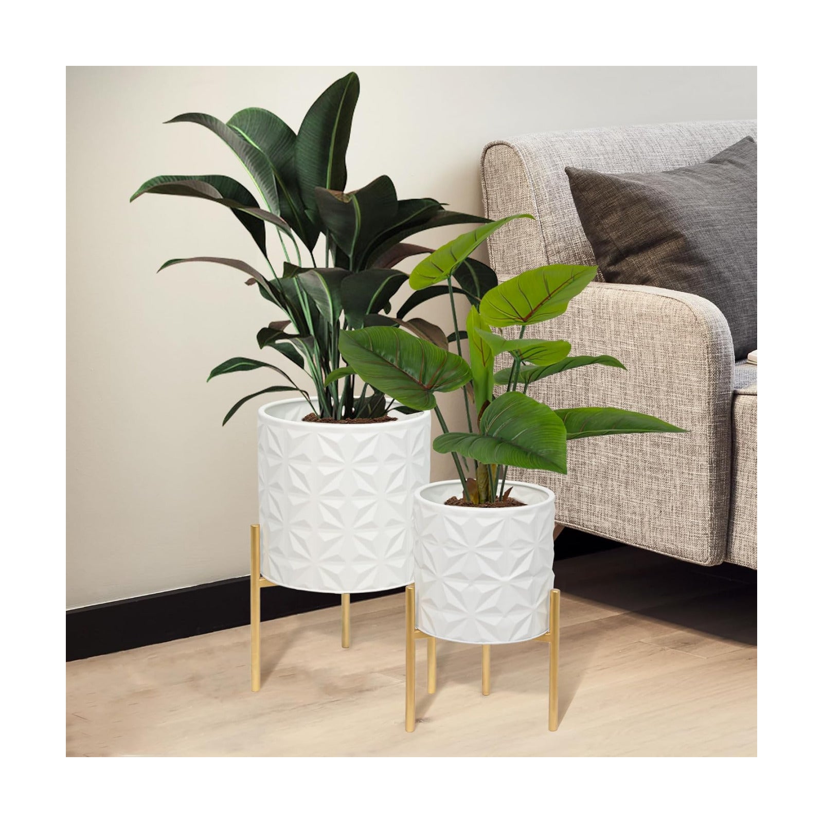 ARNIS Plant Pots with Stand, Set of 2 Indoor Planter Pots, Large Metal Planters with Stand, Mid Century Decorative