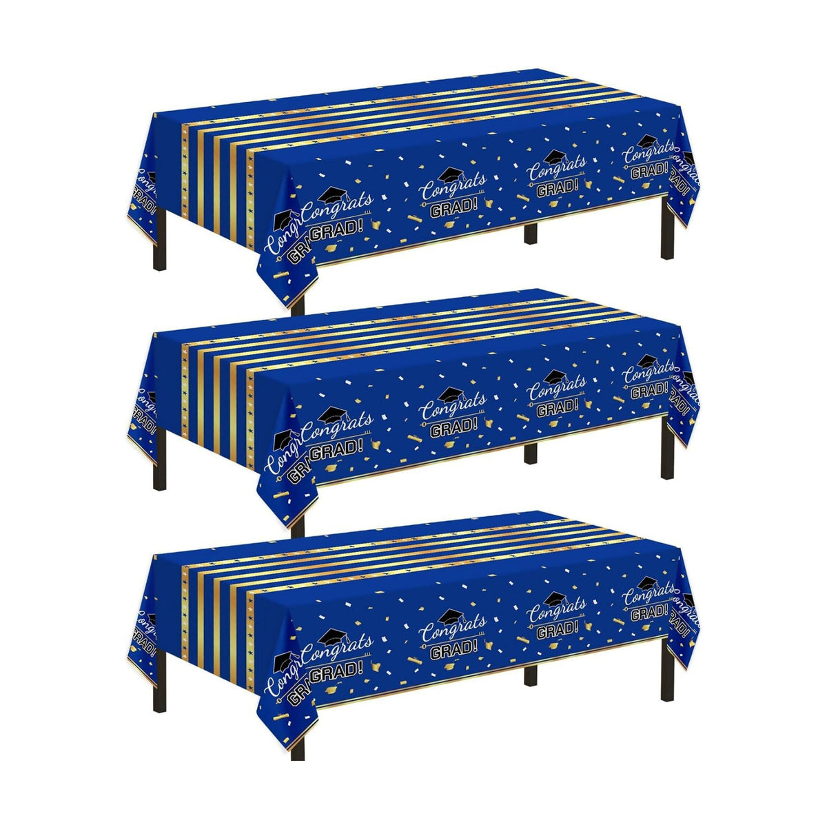 Childom 3 Pack Graduation Tablecloth,Graduation Decorations Class of 2026 Graduation Party Decorations,54"x108" Blue and Gold Plastic Table Cloth Disposable Rectangle for Home,School,Party Supplies