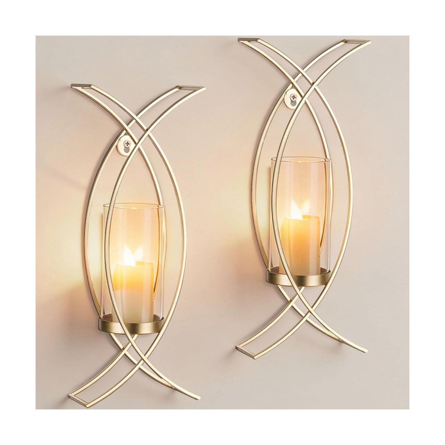 Gold Metal Wall Candle Sconces Set of 2 with Glass Hurricanes | Wall Candle Holder for Pillar, 15 Inch Tray, Flameless