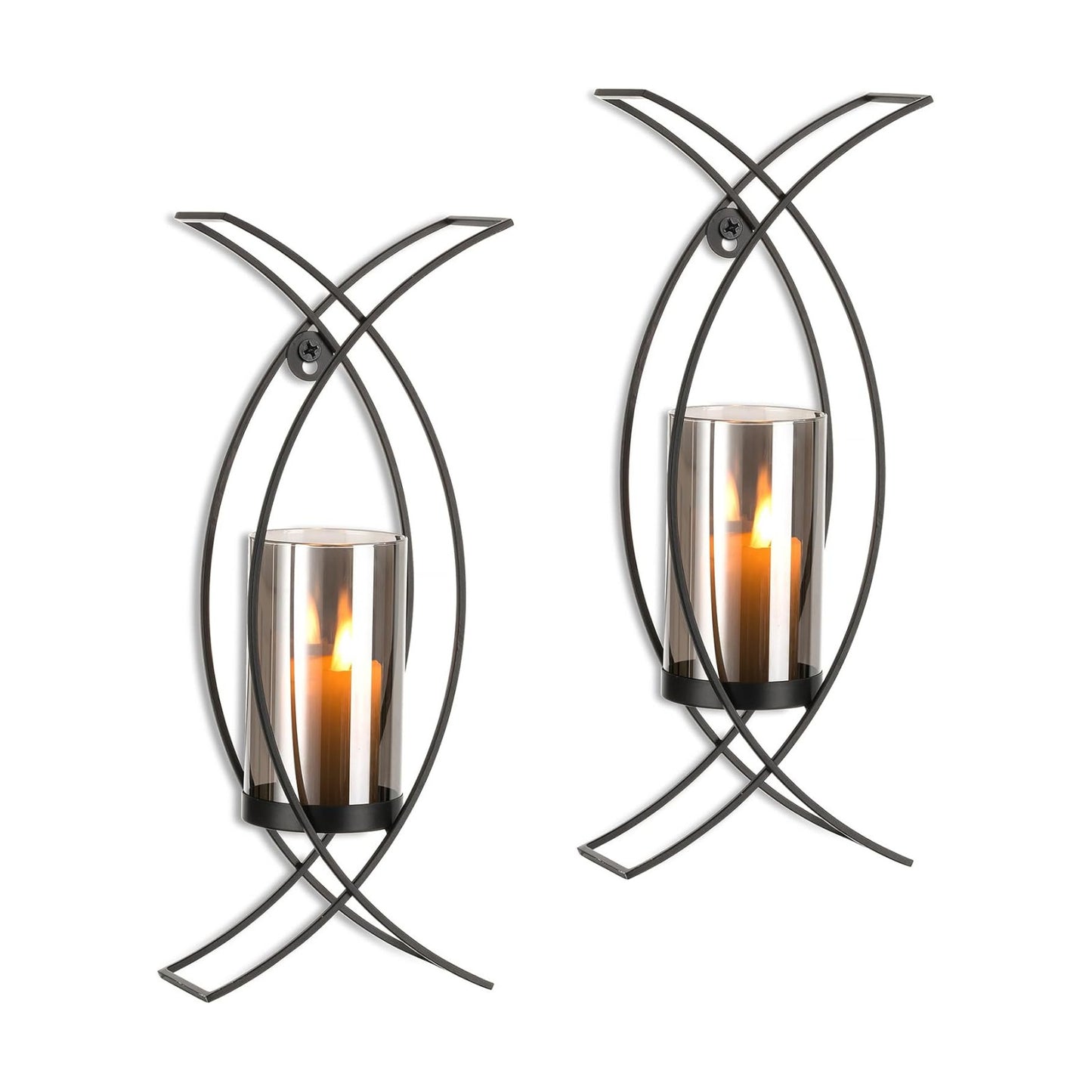 Black Metal Wall Candle Sconces Set of 2 with Glass Hurricanes | Wall Candle Holder for Pillar, 15 Inch Tray, Flameless