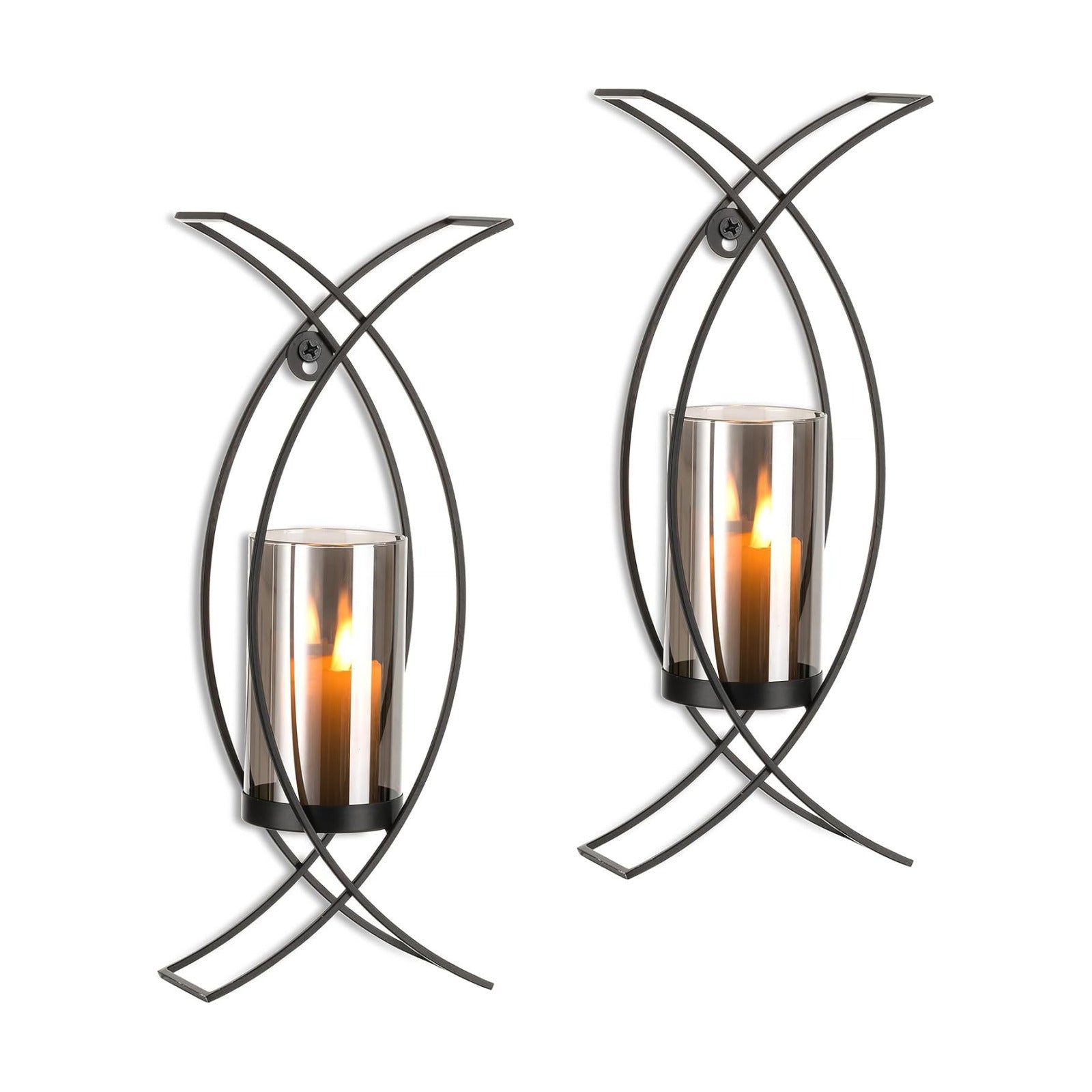 Black Metal Wall Candle Sconces Set of 2 with Glass Hurricanes | Wall Candle Holder for Pillar, 15 Inch Tray, Flameless