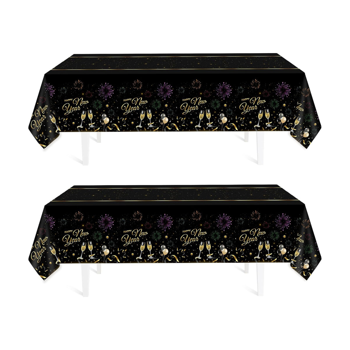 Childom 2 Pack Happy New Year Tablecloths,Happy New Years Decorations 2026,Disposable Rectangular Tablecloths Plastic 54"x108",Black and Gold Table Cloth for Home Dining Outdoor Holiday Party Supplies