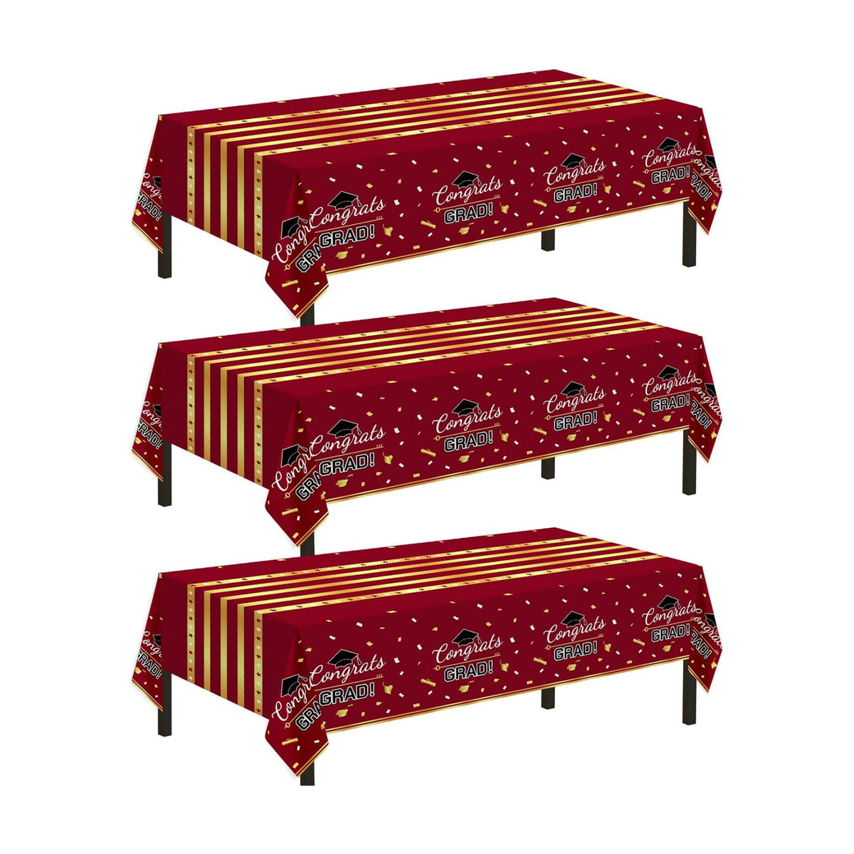 Childom 3 Pack Graduation Tablecloth,Graduation Decorations 2026 Graduation Party Decorations,54"x108"Wine Red and Gold Graduation Decorations,Disposable Plastic Table Cloth Rectangle for Grad Party