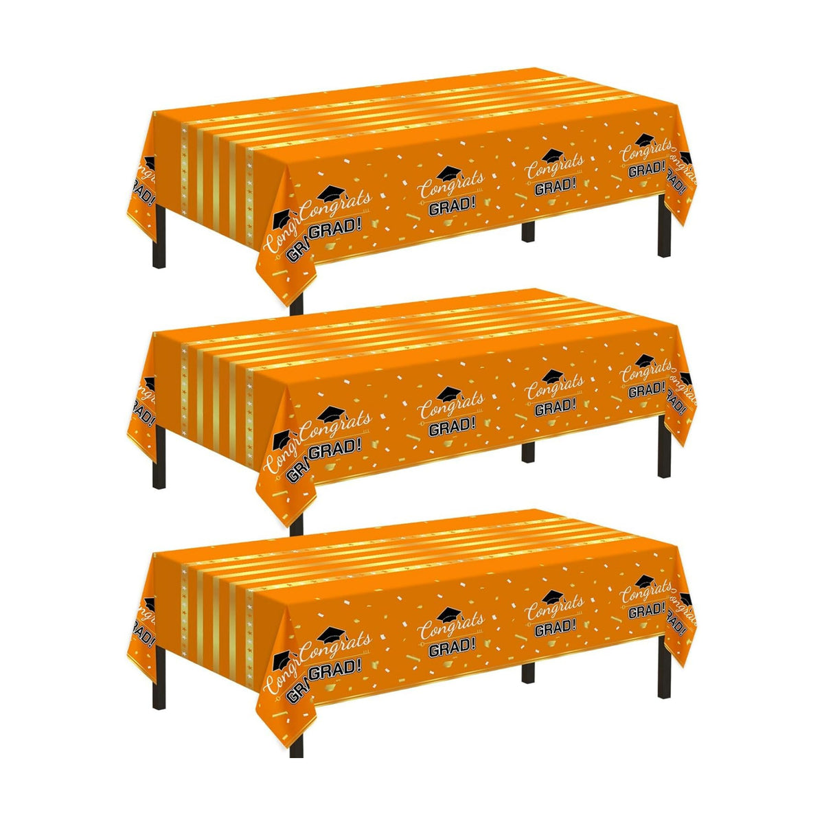 Childom 3 Pack Graduation Tablecloth,Graduation Decorations 2026 Graduation Party Decoration,54"x108" Orange and Gold Graduation Tablecloth,Disposable Plastic Tablecloth Rectangle for Graduation Party